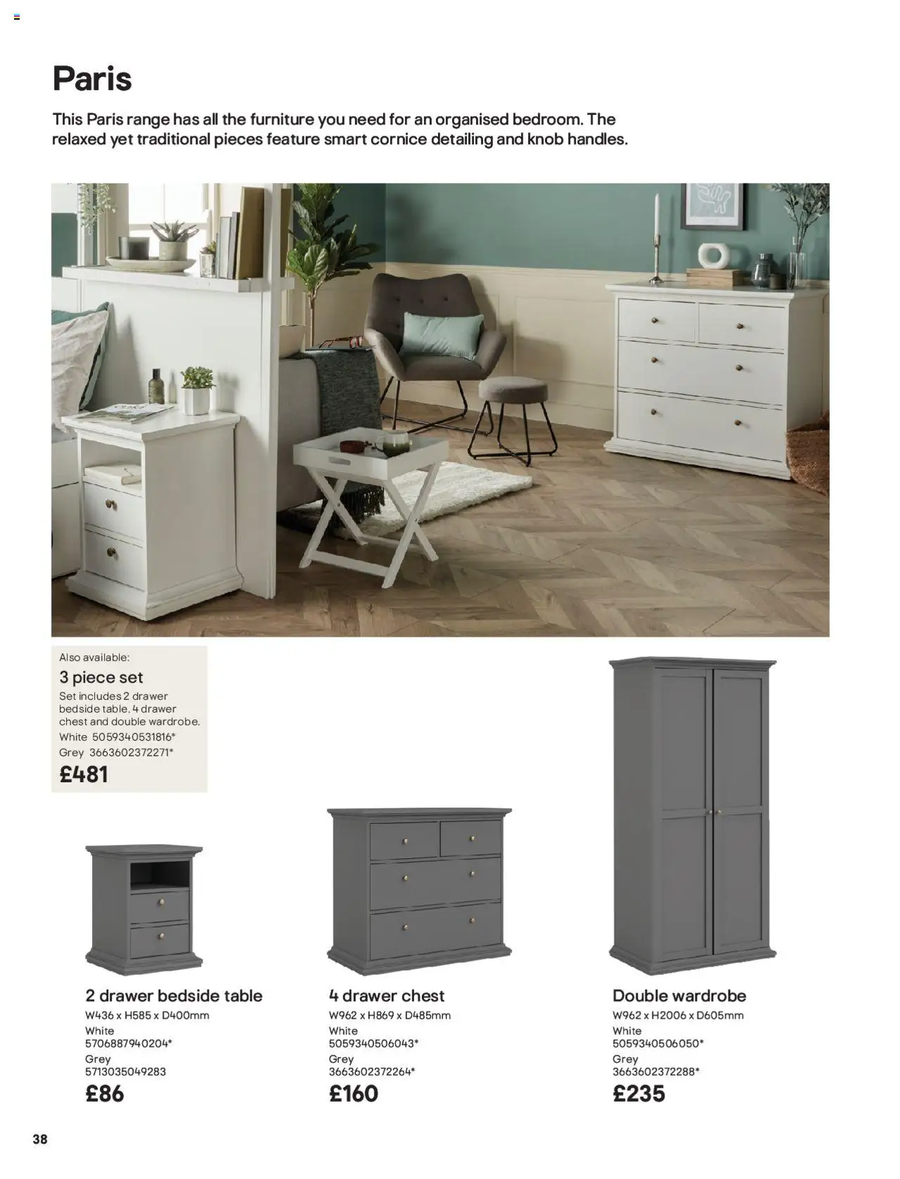  | Page: 38 | Products: Knob, Double wardrobe, Drawer chest, Bedside table
