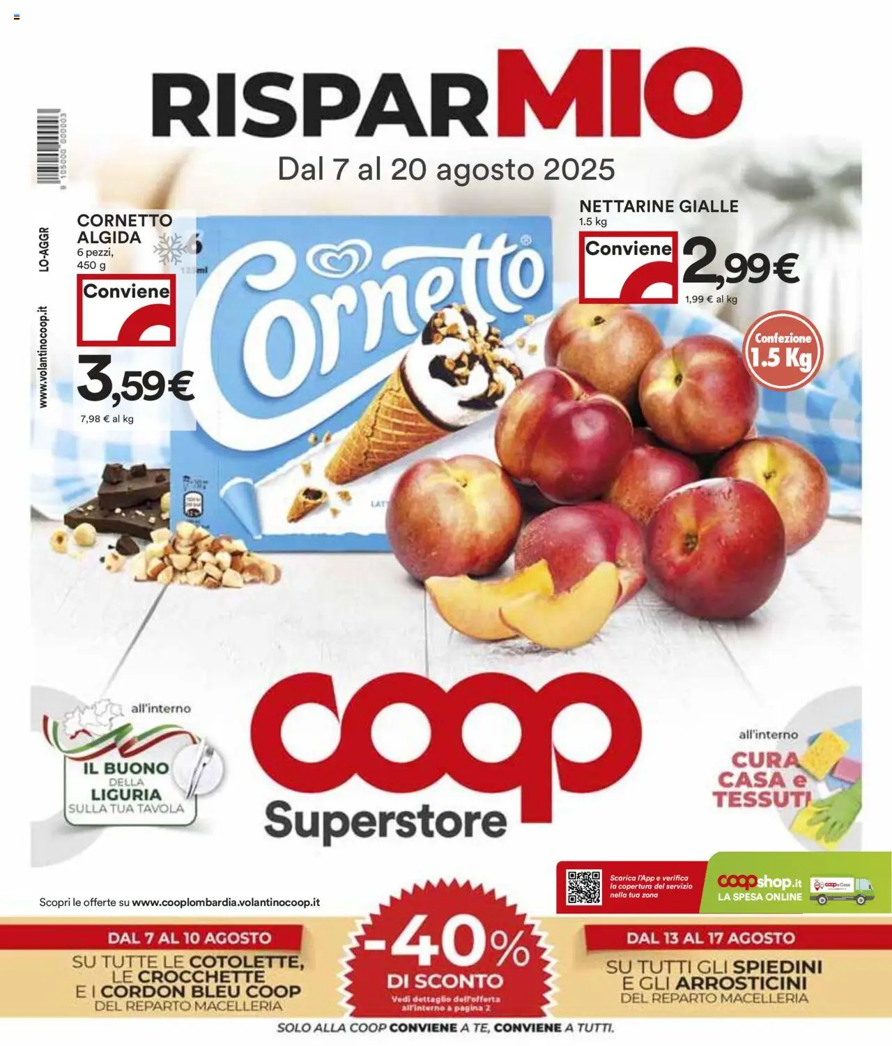 Volantino COOP del 07.08.2025 | Pagina: 1 | Prodotti: Cornetto, Crocchette, Spiedini, Arrosticini