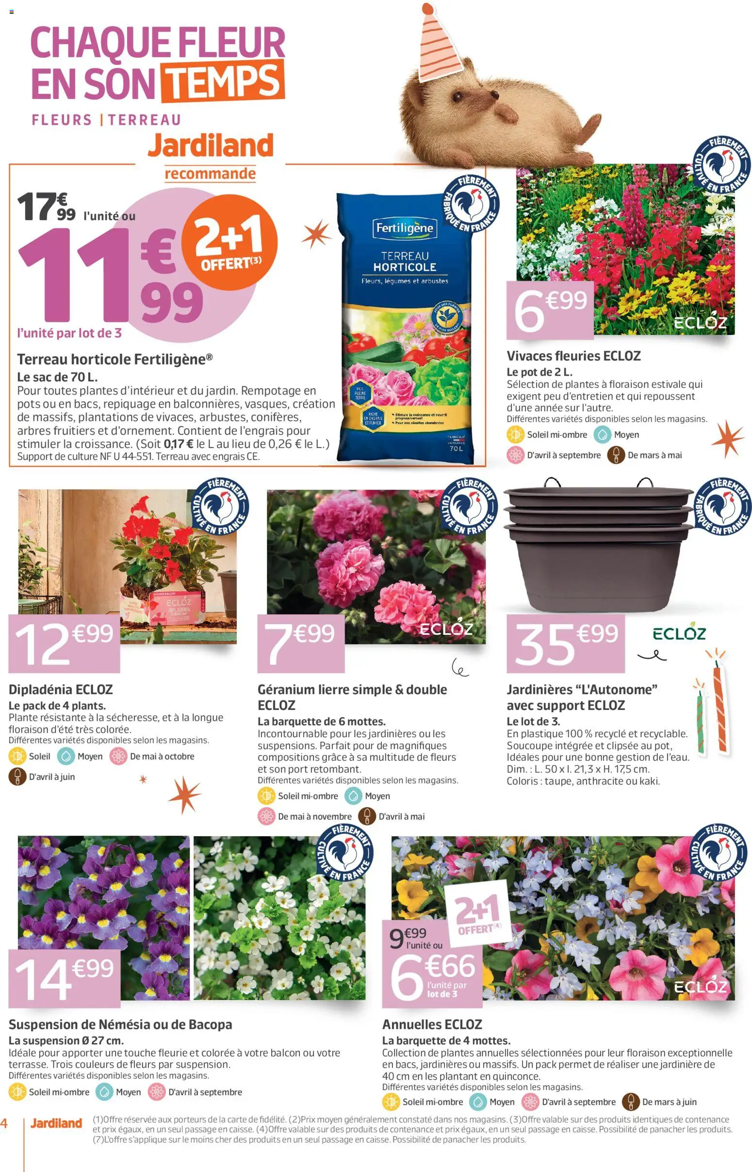{H1} | Page: 4 | Produits: Jardinière, Terreau horticole, Suspension, Géranium