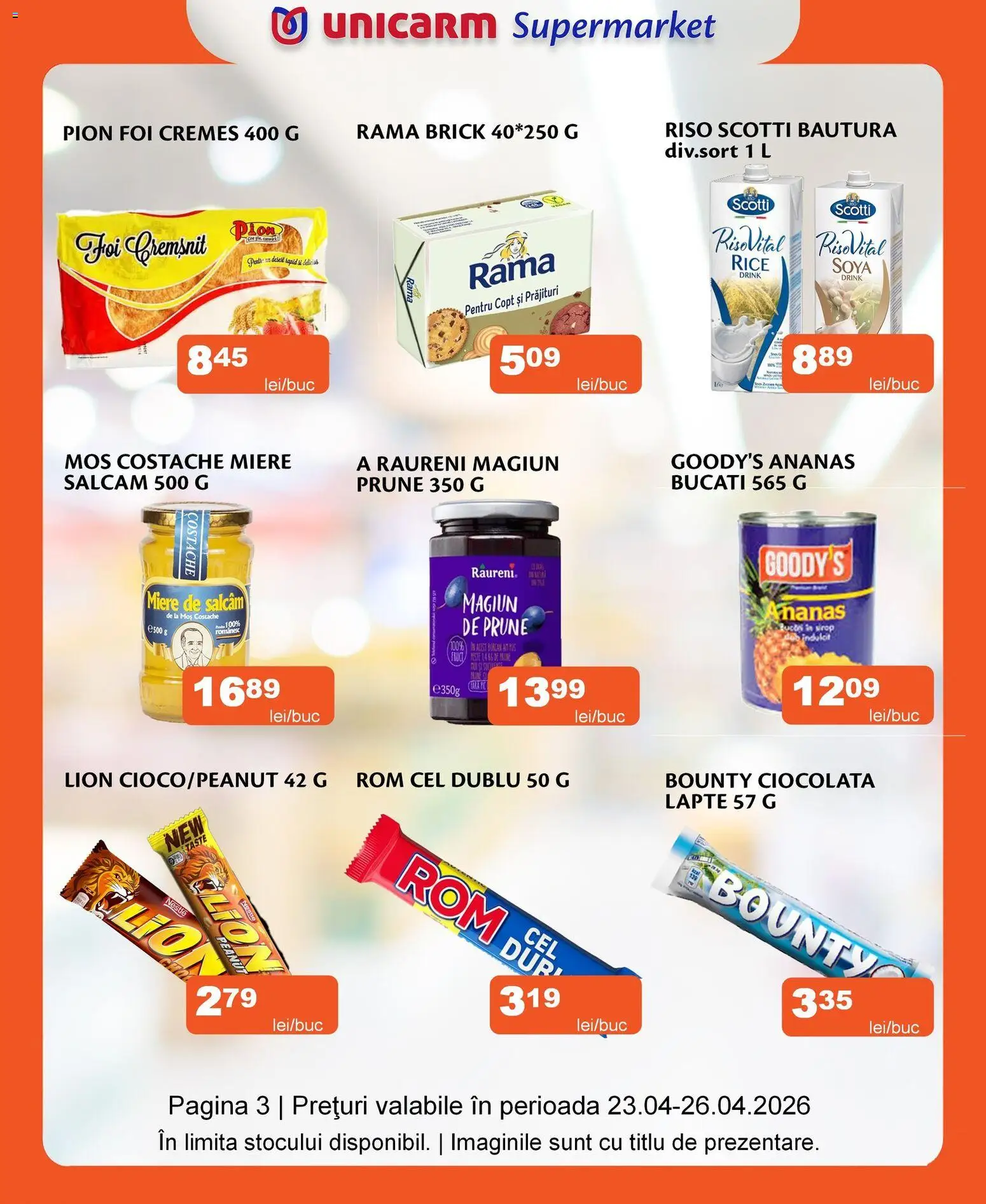 Noul catalog Unicarm – valabil de la 23.04.2026 | Pagină: 3 | Produse: Lapte, Ciocolată, Rom, Prune