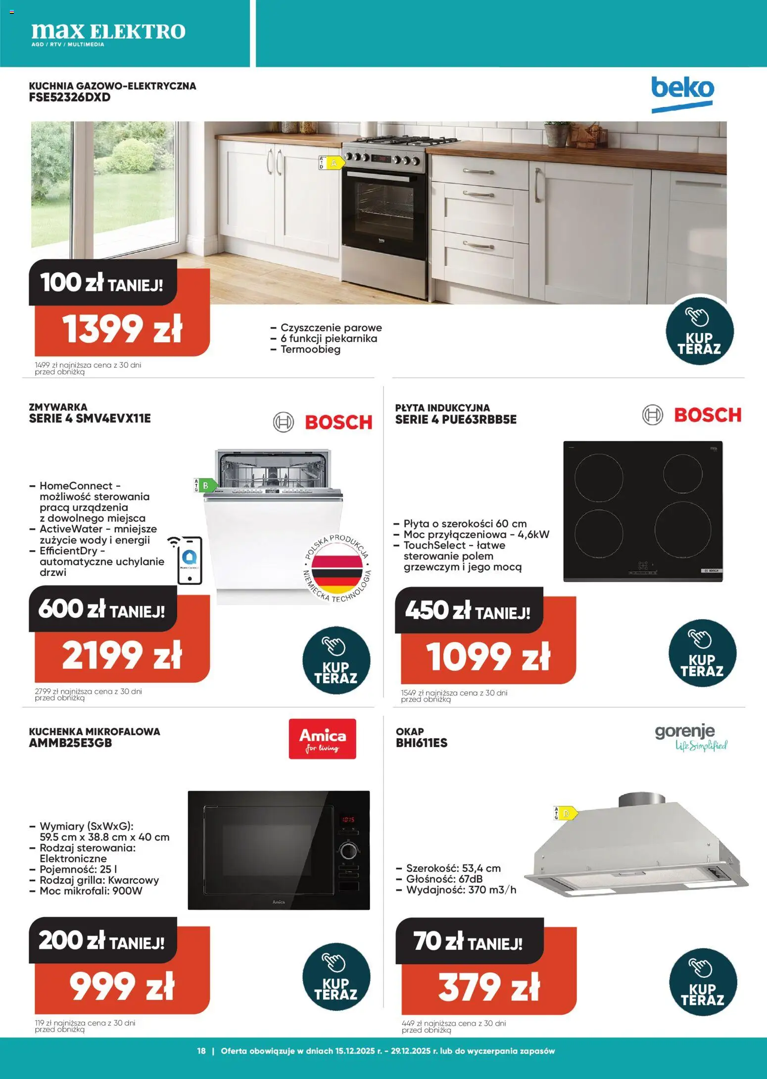 Max elektro Gazetka od 15.12.2025 | Strona: 18 | Produkty: Kuchenka mikrofalowa, Kuchenka, Zmywarka, Okap