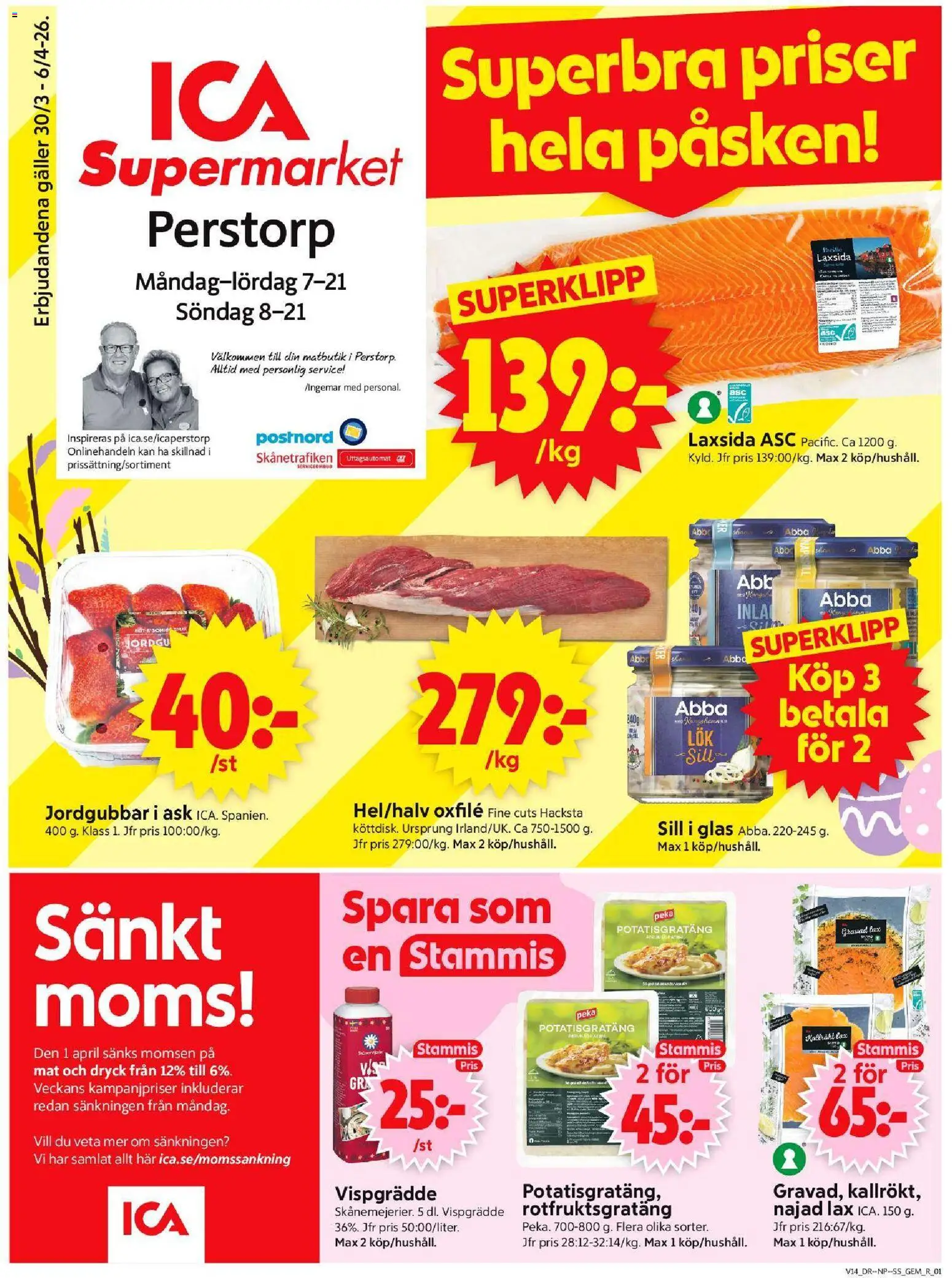 ICA Supermarket reklamblad aktuell från 30.03.2026 | Sida: 1 | Produkter: Gem, Sill, Potatisgratäng, Oxfilé