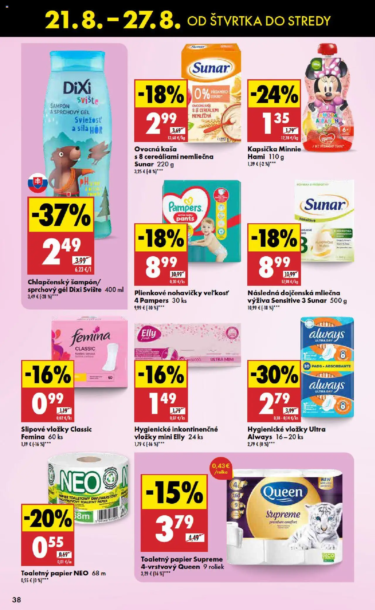 Biedronka leták │ platný od 21.08.2025 | Strana: 38 | Produkty: Šampón, Sunar, Sprchový gél, Pampers