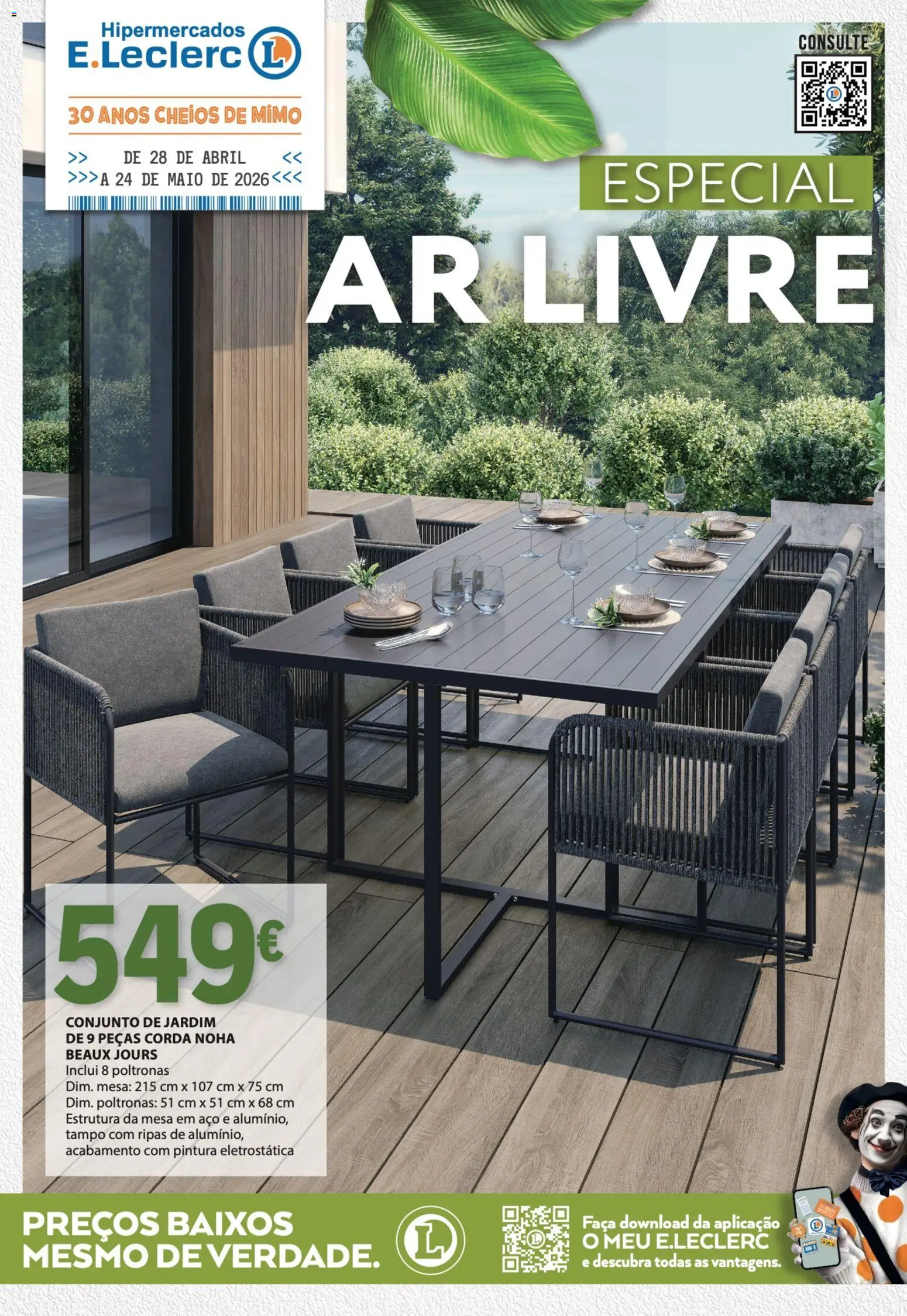 E.Leclerc Especial Ar Livre │ válido de 28.04.2026 | Página: 1 | Produtos: Faca, Corda, Poltronas, Mesa