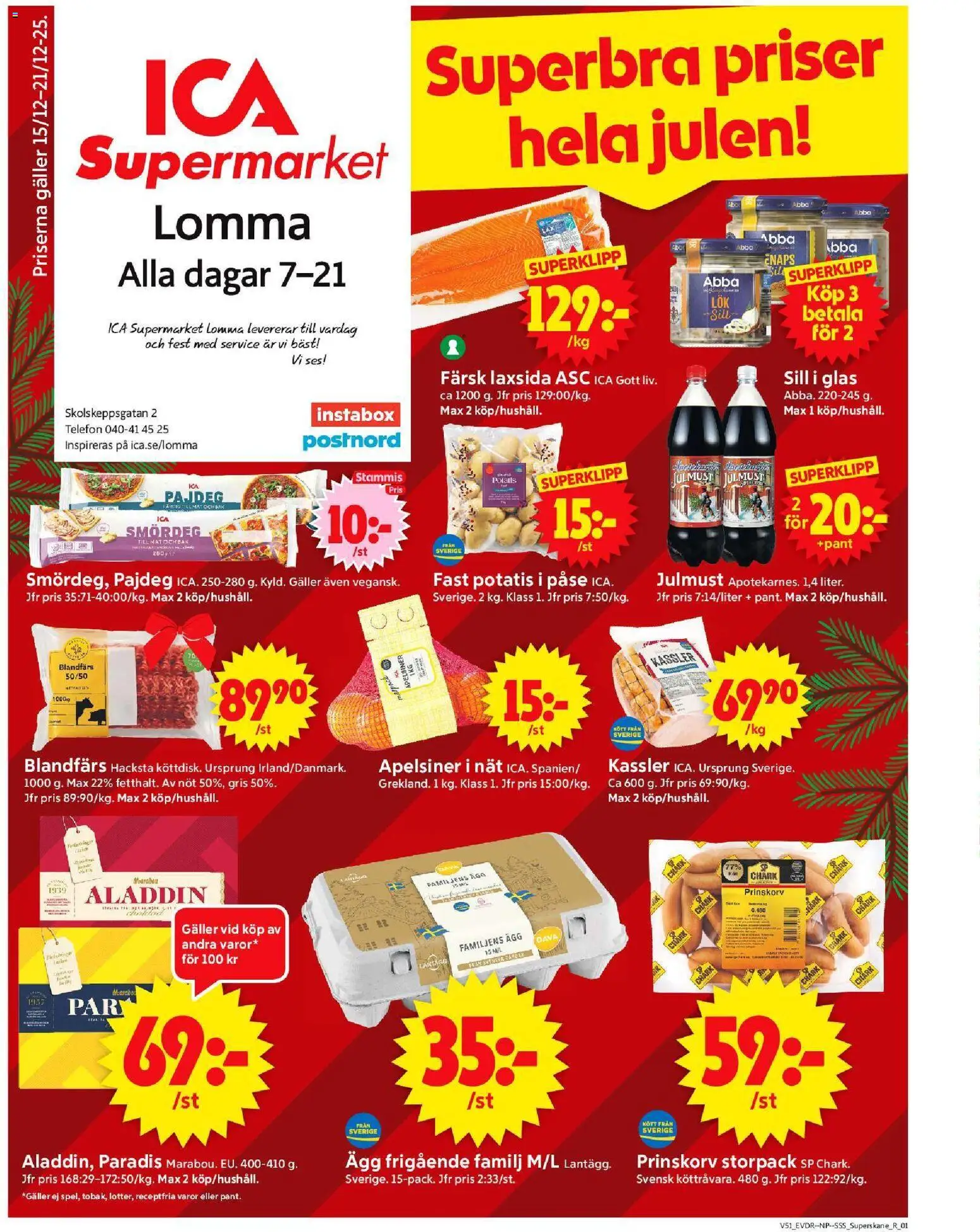 ICA Supermarket reklamblad aktuell från 15.12.2025 | Sida: 1 | Produkter: Sill, Ägg, Apelsiner, Potatis