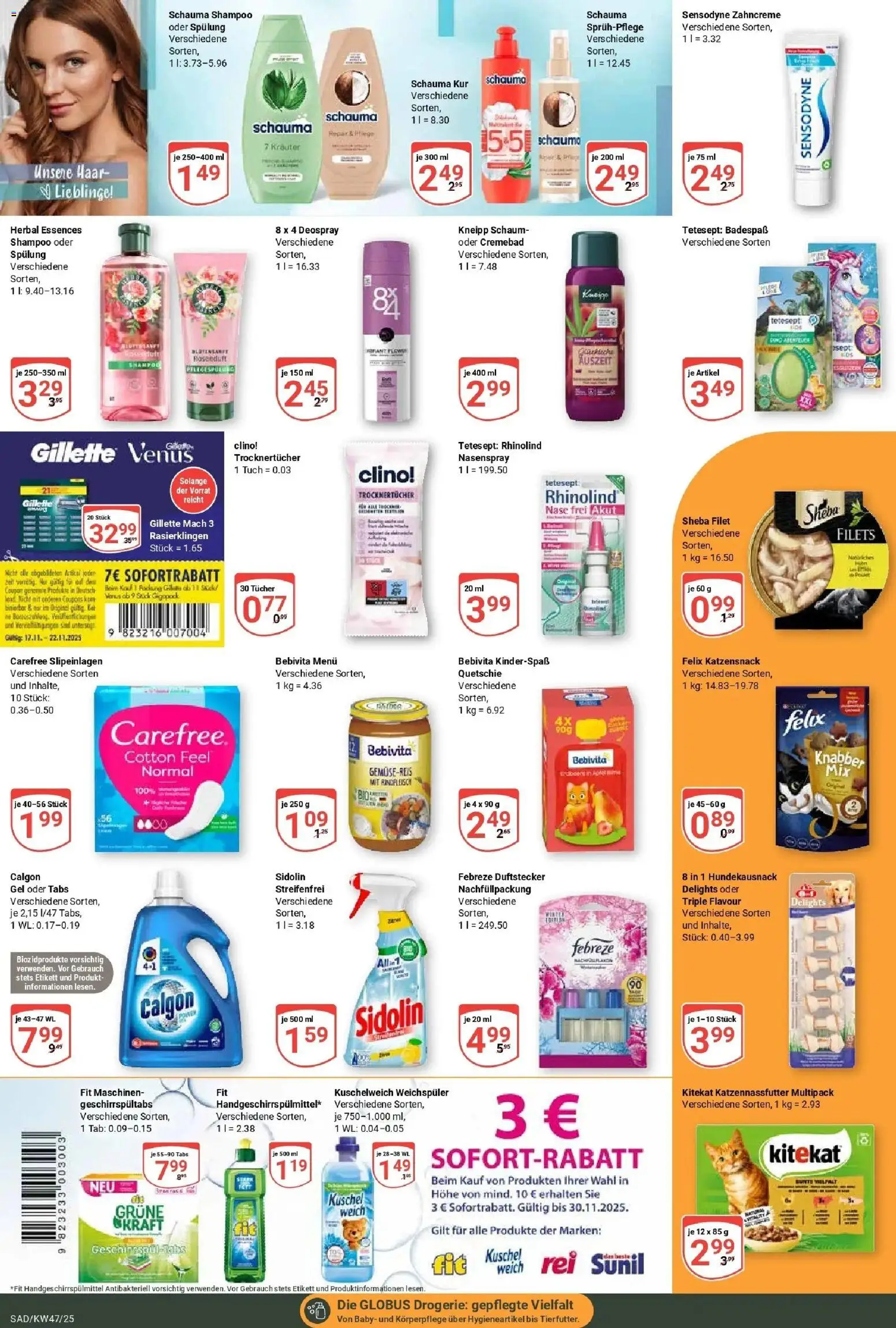 Globus prospekt Schwandorf	 – gültig ab 17.11.2025 | Seite: 18 | Produkte: Sheba, Schauma shampoo, Spülung, Deospray
