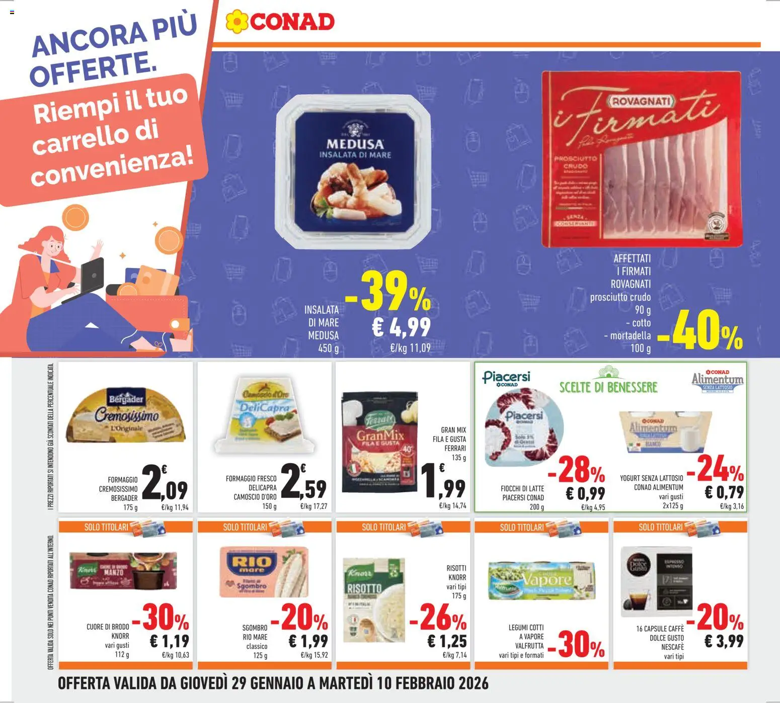 Volantino Conad del 29.01.2026 | Pagina: 26 | Prodotti: Yogurt senza lattosio, Manzo, Formaggio, Carrello