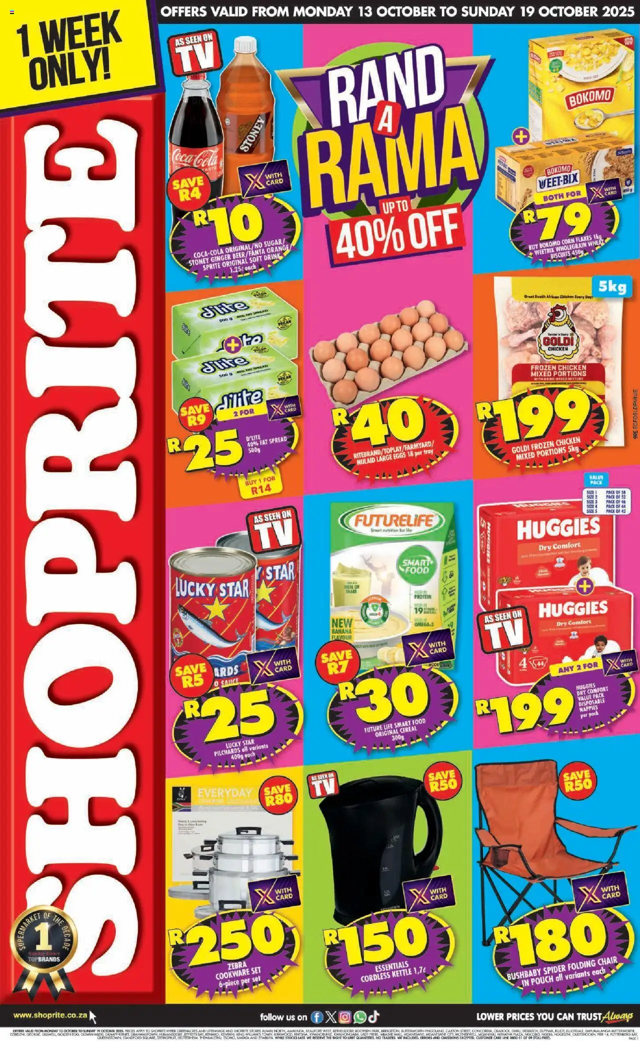 New Shoprite catalogue – valid from 13.10.2025 | Page: 1 | Products: Kettle, Chair, Cookware, Flakes