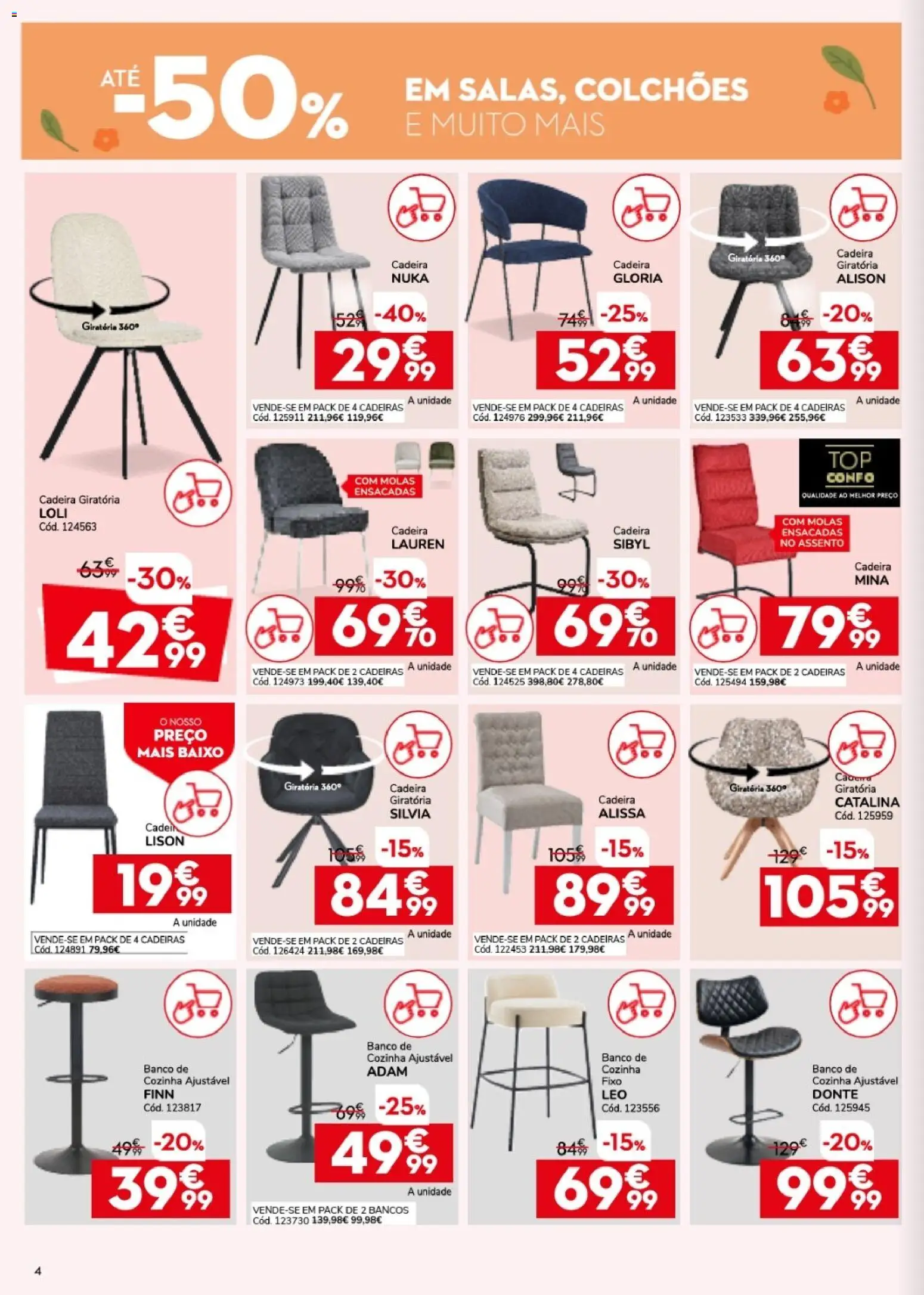 Conforama folheto │ válido de 26.03.2026 | Página: 4 | Produtos: Cadeiras, Banco, Colchões, Cadeira