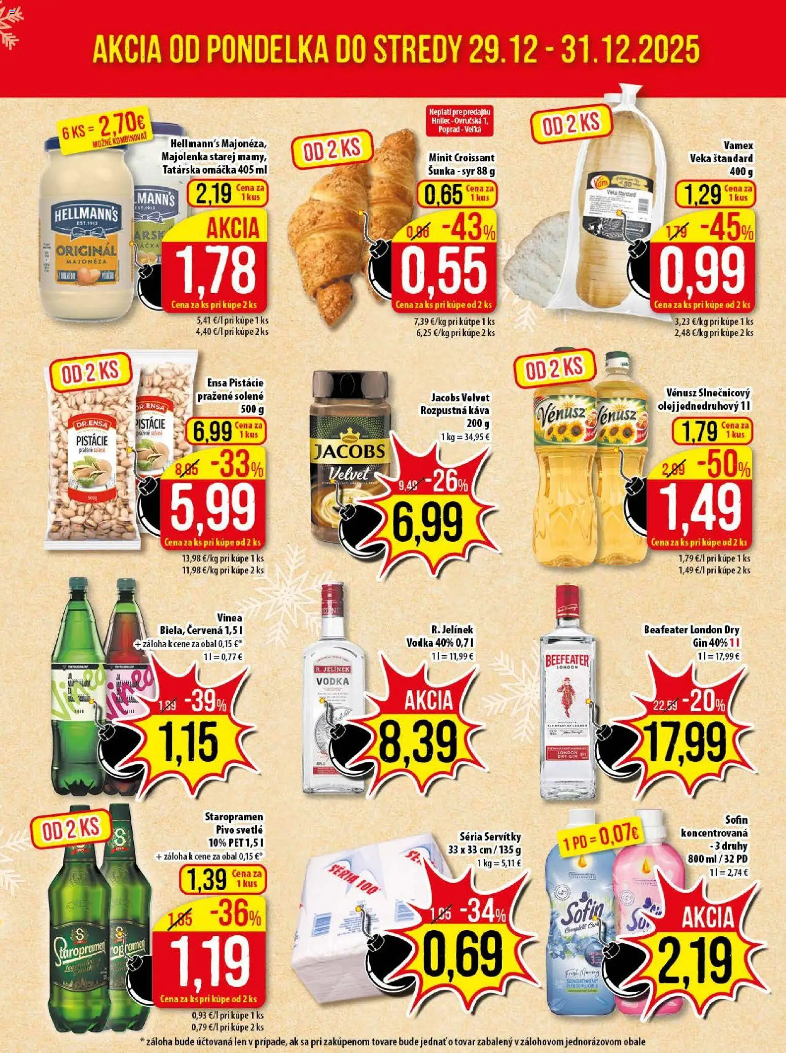 Nové Klas akcie – leták je platný od 29.12.2025 | Strana: 3 | Produkty: Šunka, Gin, Tatárska omáčka, Vinea