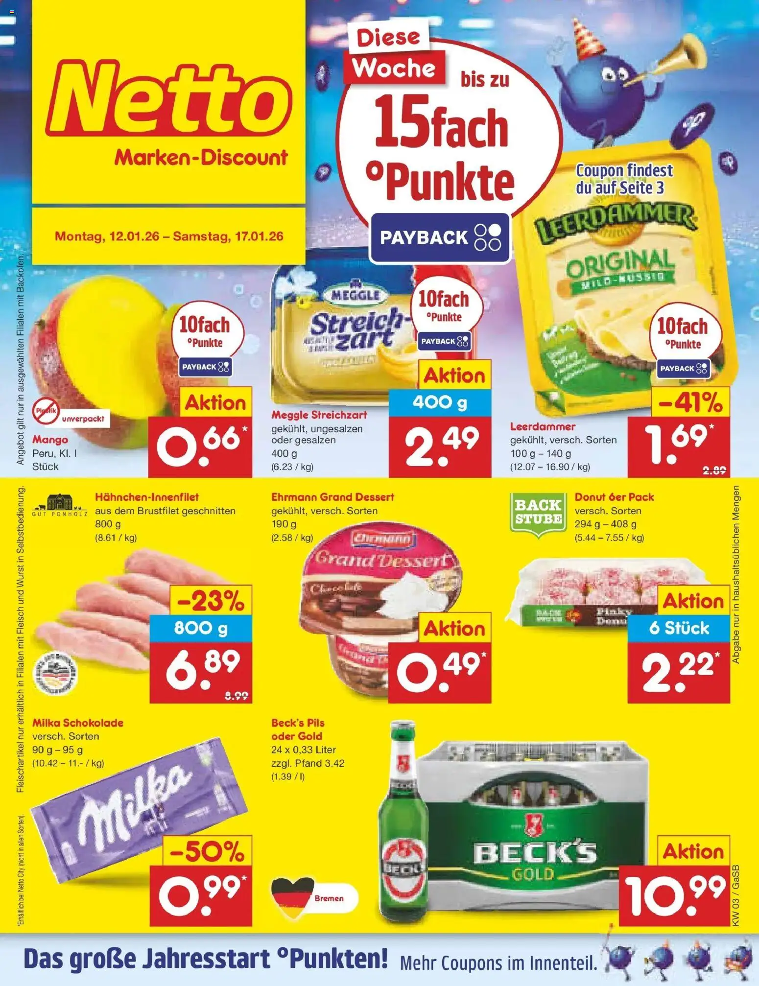 Netto Marken-Discount prospekt Bremen-Lesum	 – gültig ab 12.01.2026 | Seite: 1 | Produkte: Schokolade, Pils, Leerdammer, Mango