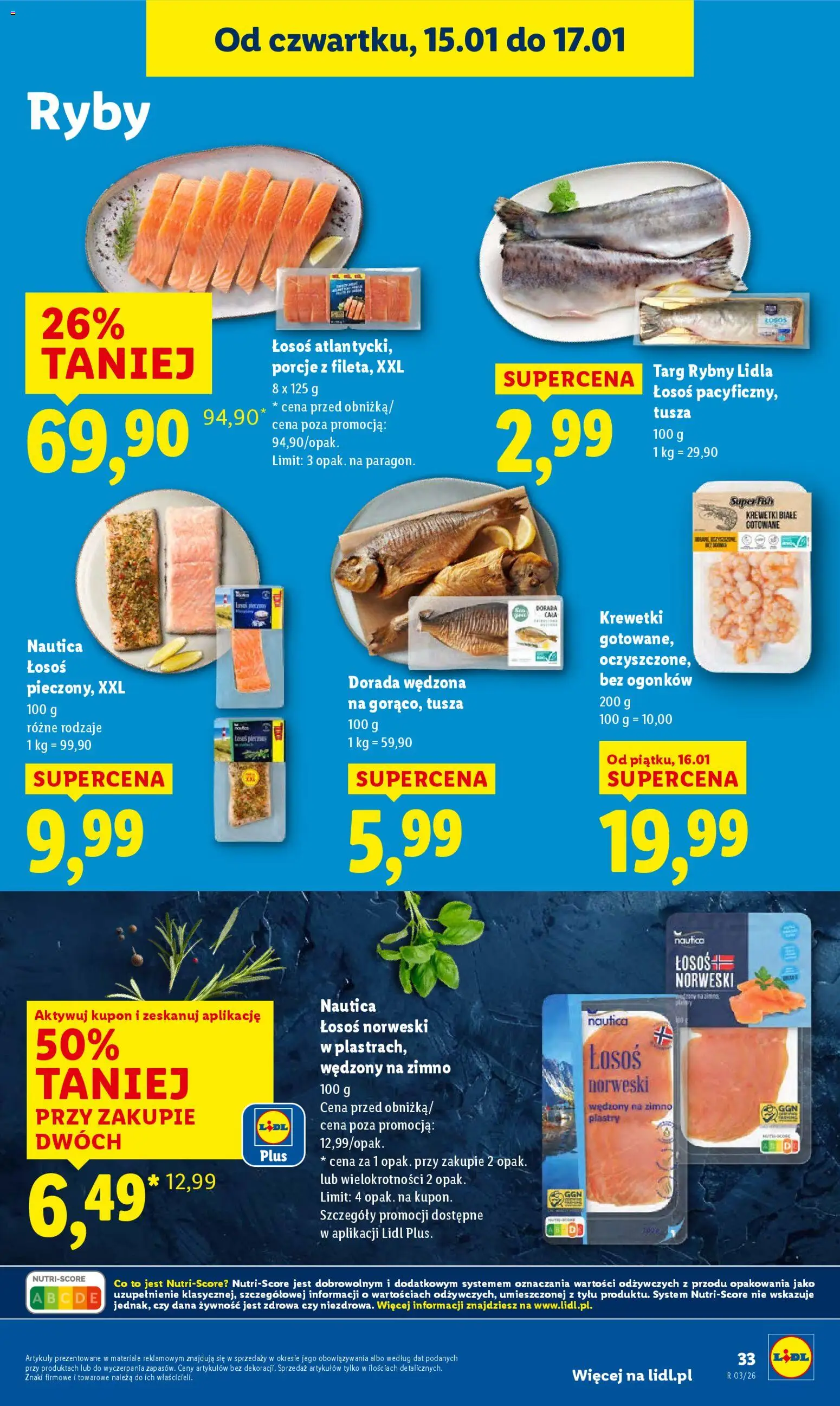 Lidl Gazetka od 15.01.2026 | Strona: 33 | Produkty: Krewetki, Łosoś, Krewetki białe, Dorada