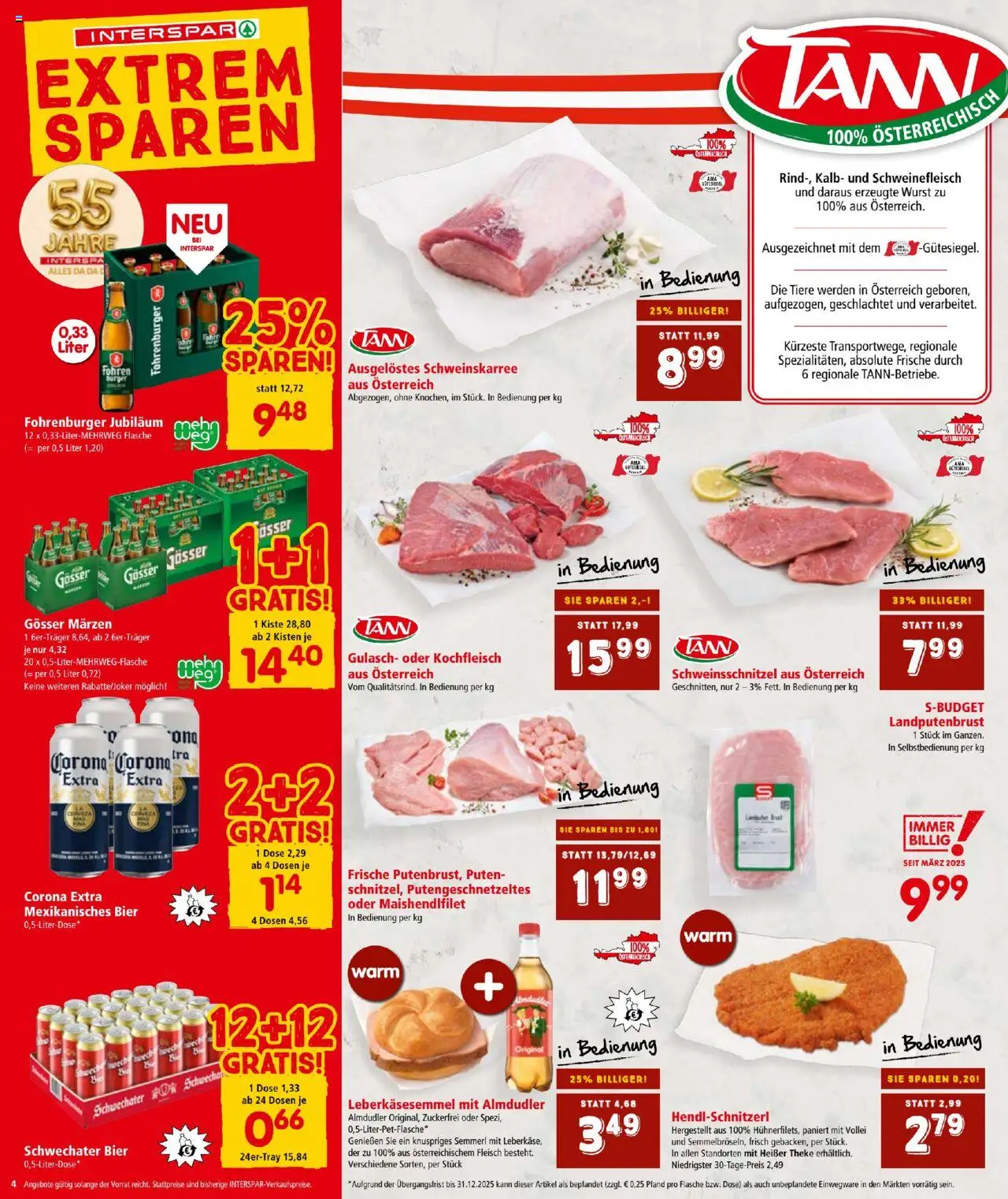 Interspar Flugblatt gültig ab 11.09.2025 | Seite: 4 | Produkte: Wurst, Bier, Schweinefleisch