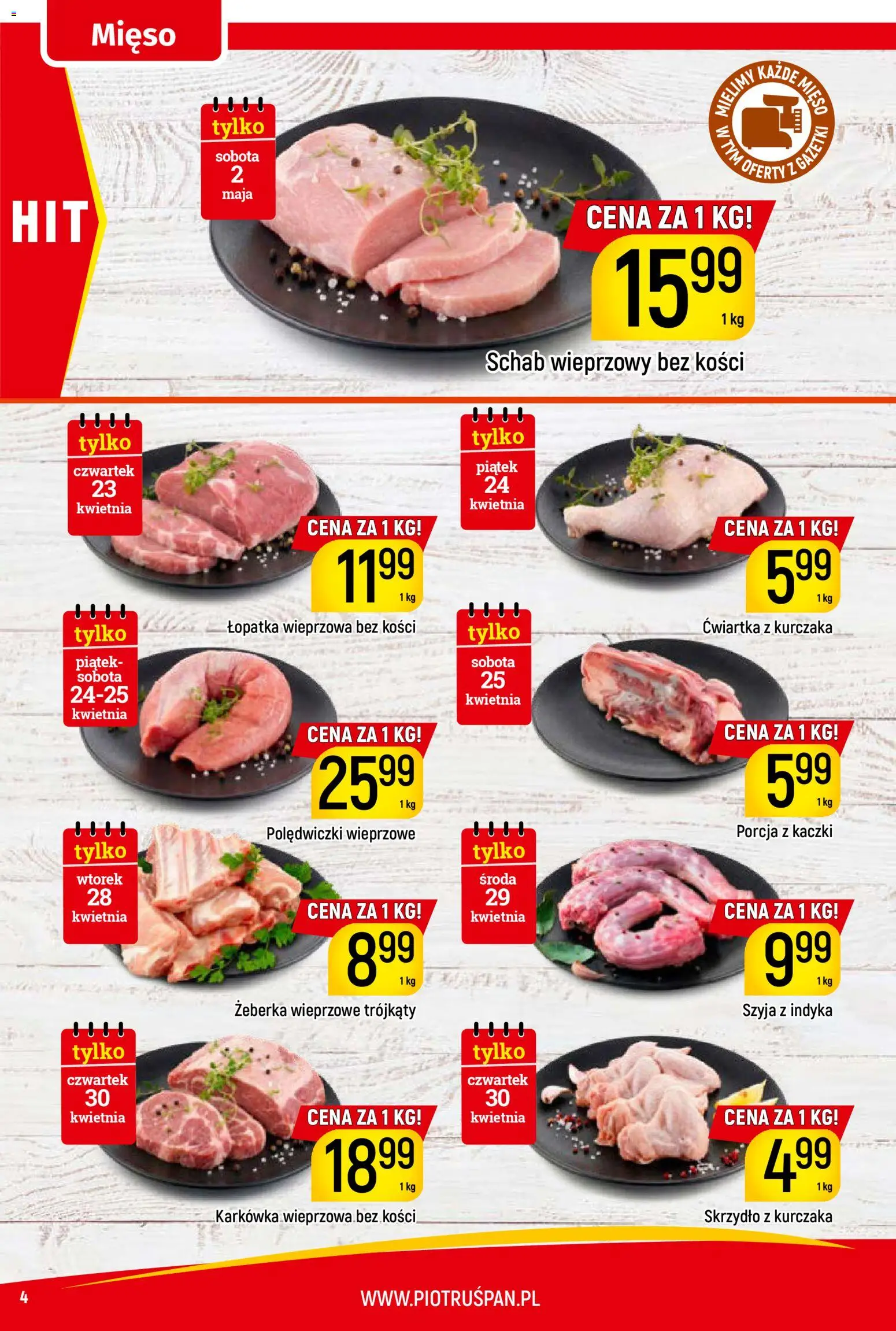 Piotruś Pan gazetka od 23.04.2026 | Strona: 4 | Produkty: Mięso, Schab wieprzowy, Polędwiczki wieprzowe, Łopatka wieprzowa