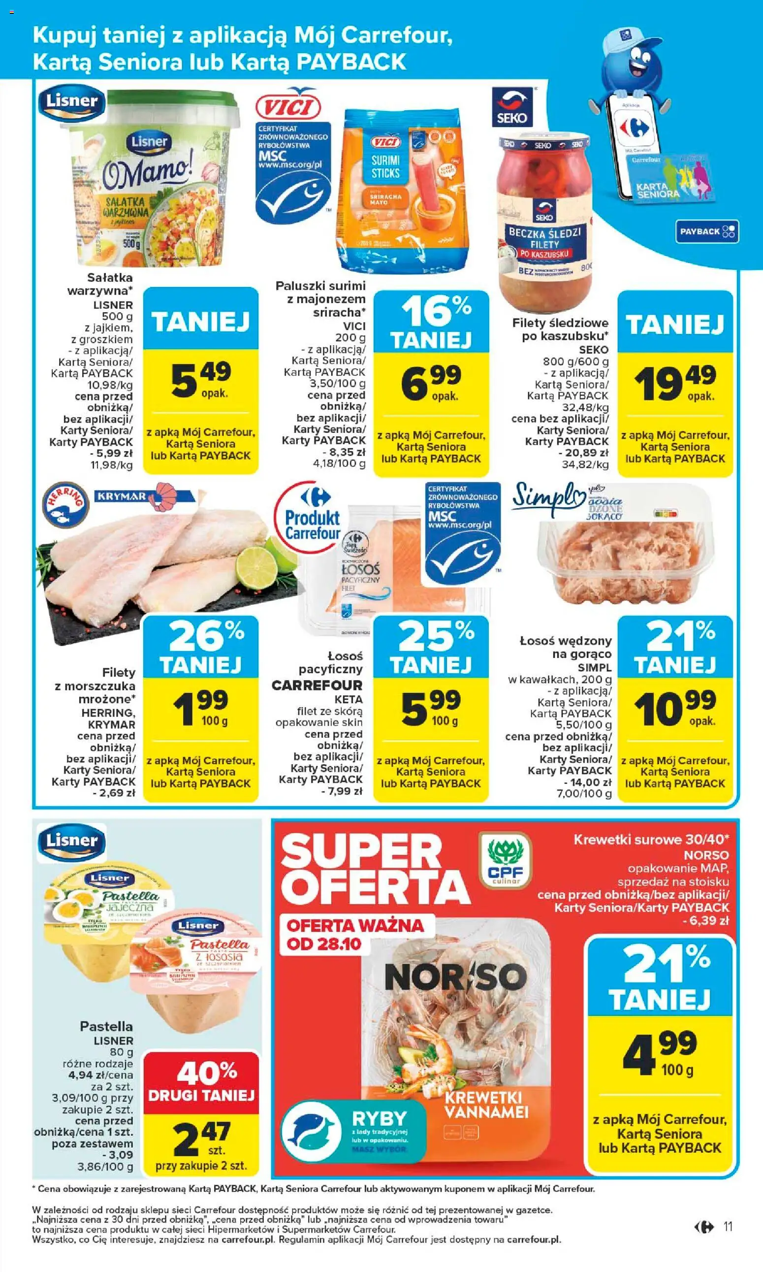 Carrefour Gazetka - Starachowice Zmieniliśmy się dla Ciebie od 27.10.2025 | Strona: 13 | Produkty: Krewetki, Surimi, Łosoś, Sałatka
