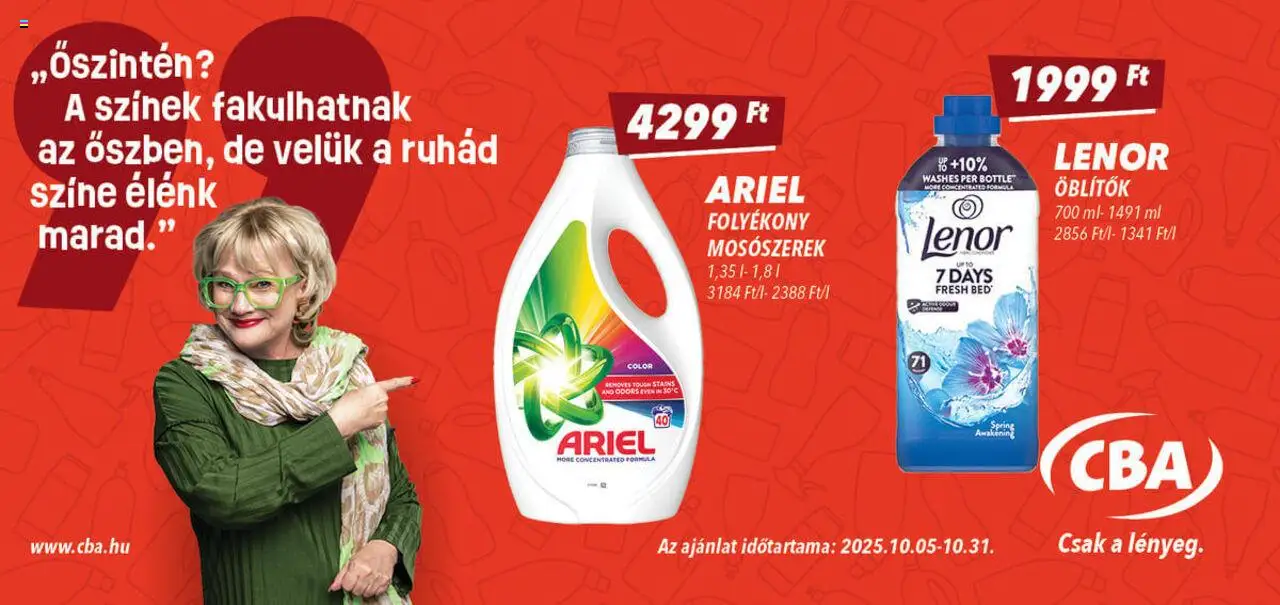 CBA akciós ujság - amely érvényes a következő dátumtól: 05.10.2025 | Oldal: 1 | Termékek: Ariel, Mosószerek