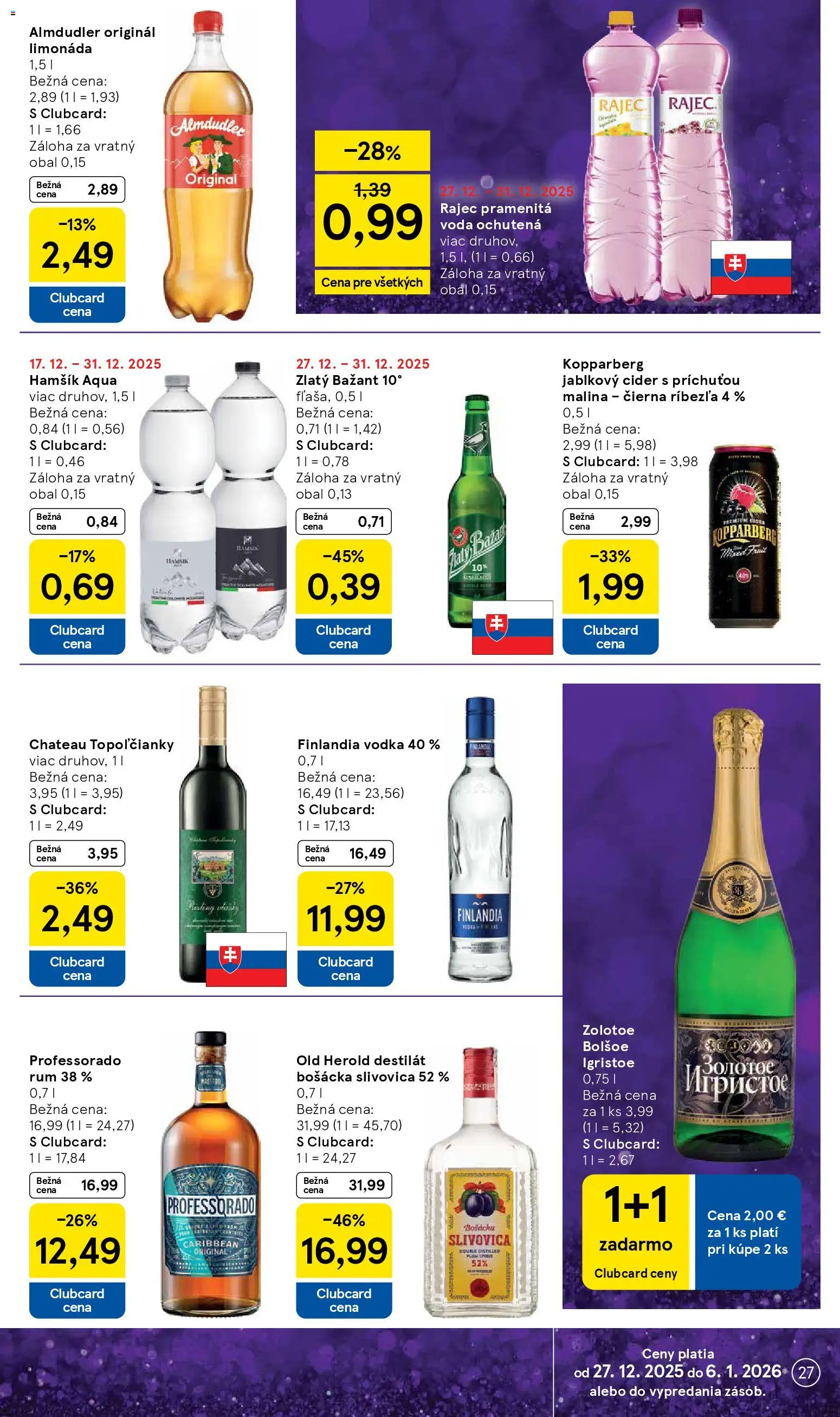 Nové Tesco akcie – leták je platný od 27.12.2025 | Strana: 27 | Produkty: Bošácka slivovica, Brandy, Vodka, Voda