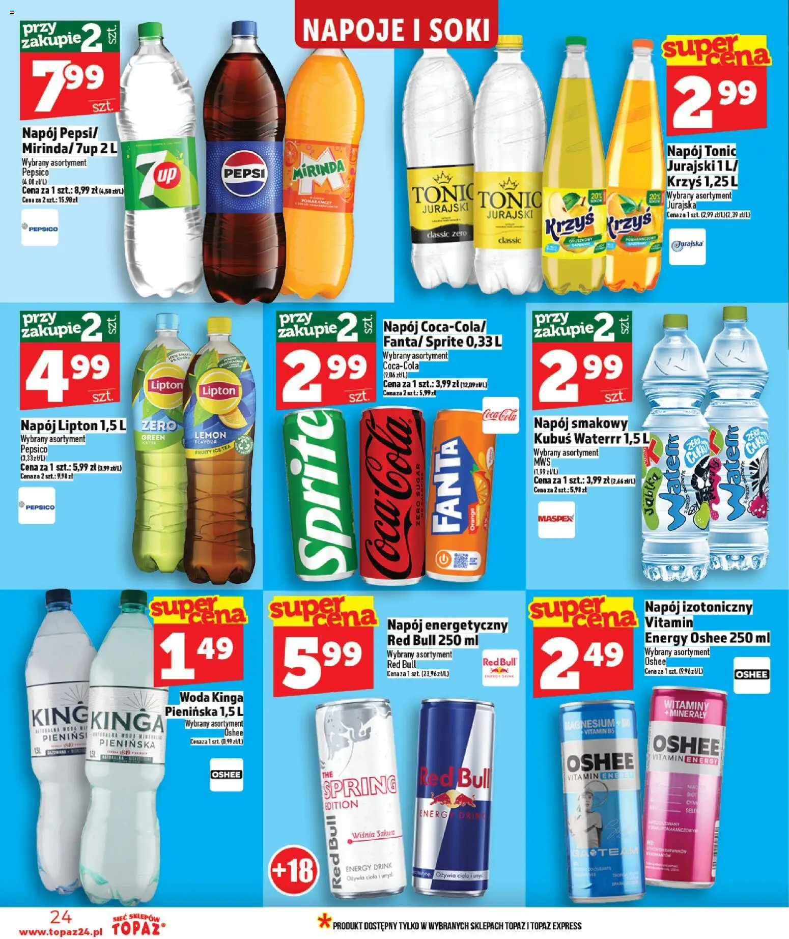 Topaz gazetka - Ceny małe na stałe od 09.04.2026 | Strona: 24 | Produkty: Red bull, Ice Tea, Pepsi, Soki