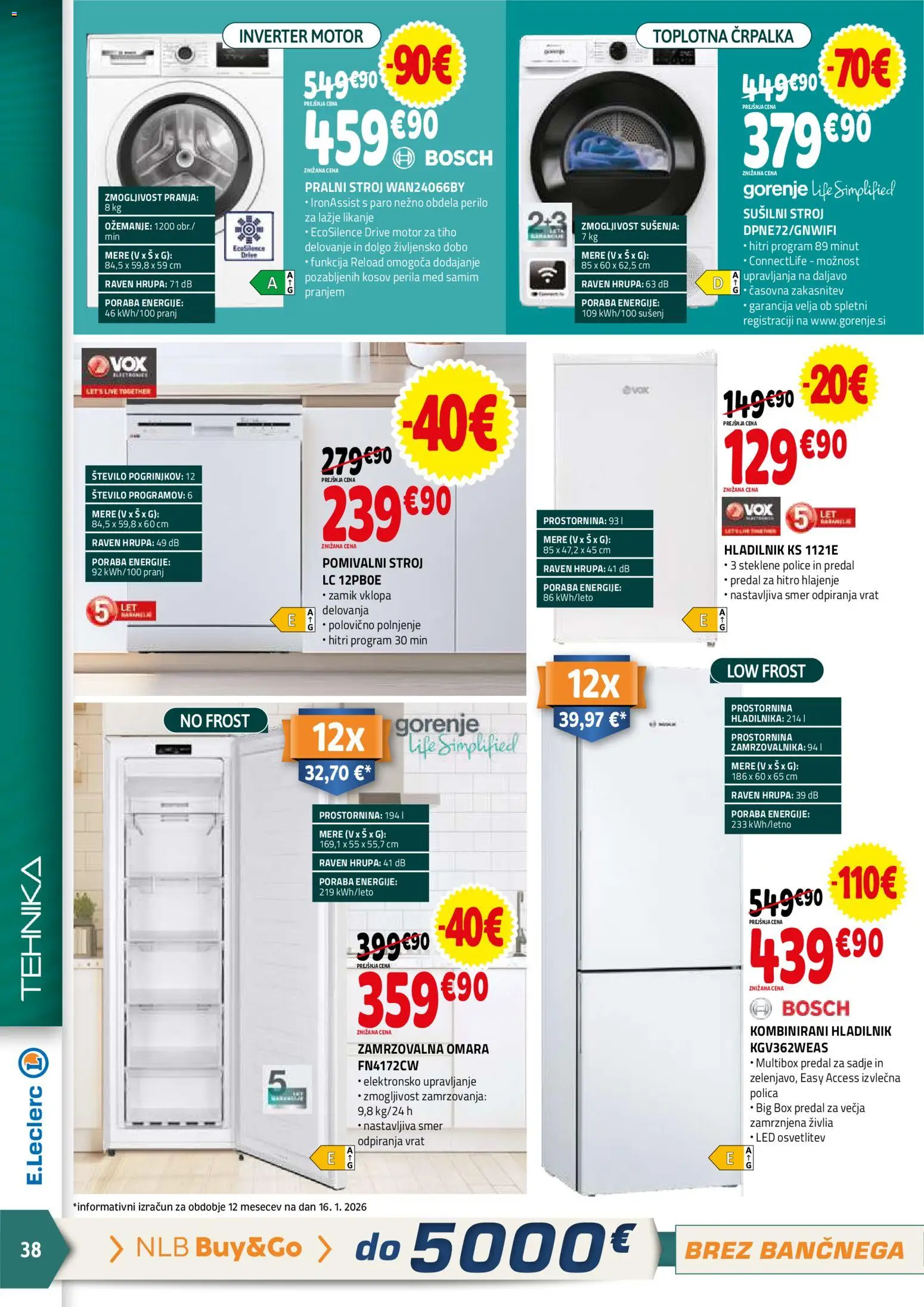 Novi E.leclerc katalog ponudbe – veljaven od 28.01.2026 | Stran: 38 | Izdelki: Hladilnik, Pralni stroj, Pomivalni stroj, Zamrzovalna omara