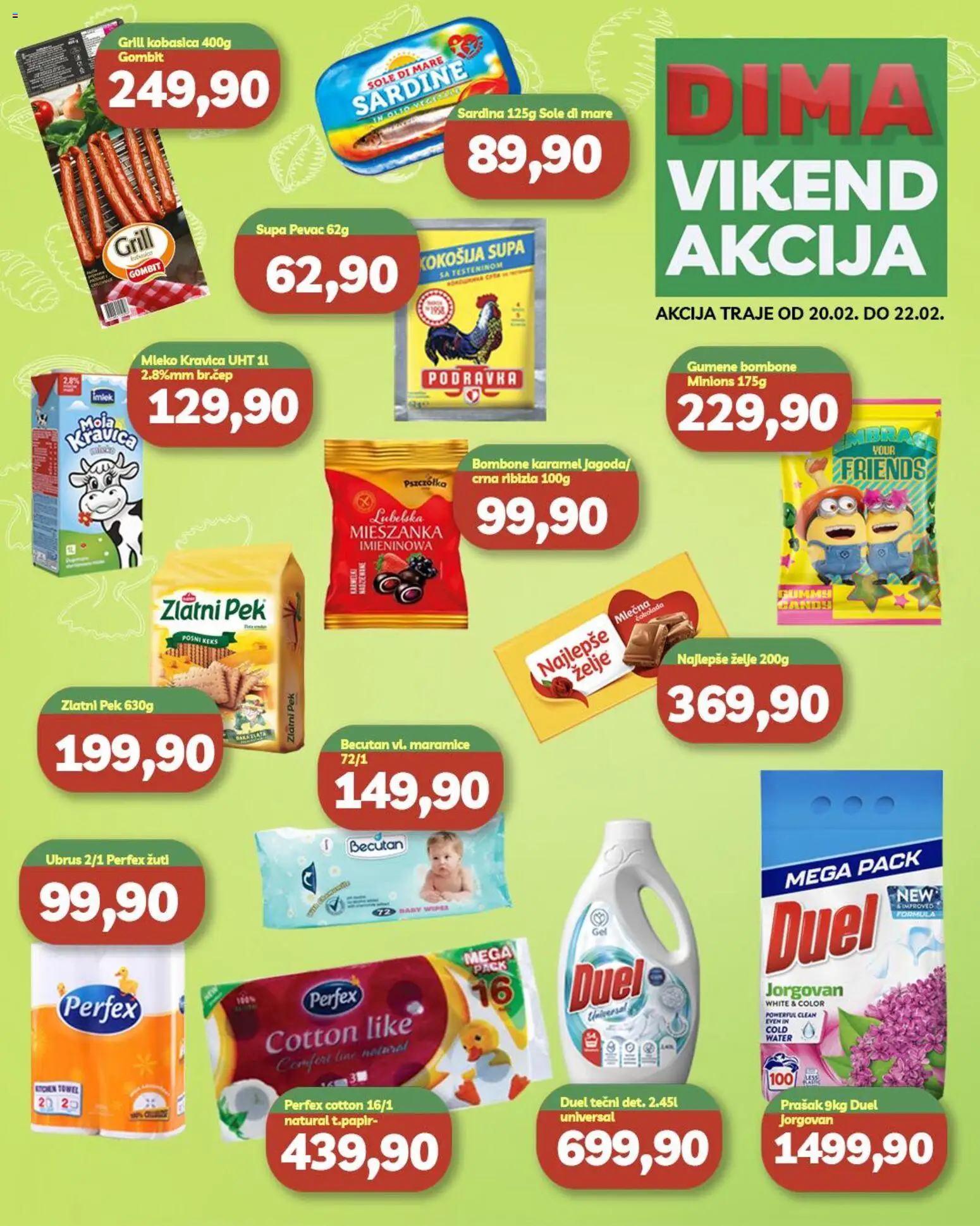 VP Dima katalog - važi od 20.02.2026 | Strana: 1 | Proizvode: Bombone, Ubrus, Gumene bombone, Kobasica