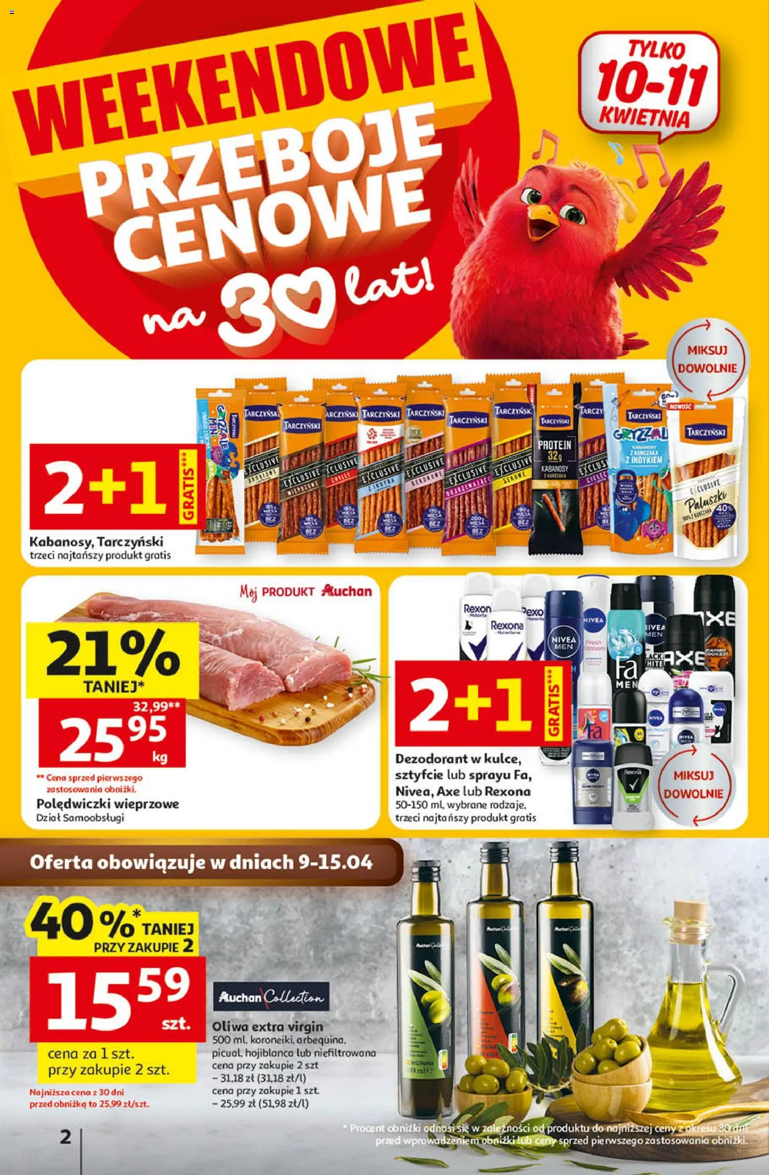 Auchan - Gazetka 30 Lat Hipermarket  od 09.04.2026 | Strona: 2 | Produkty: Polędwiczki wieprzowe, Paluszki, Oliwa extra virgin, Dezodorant