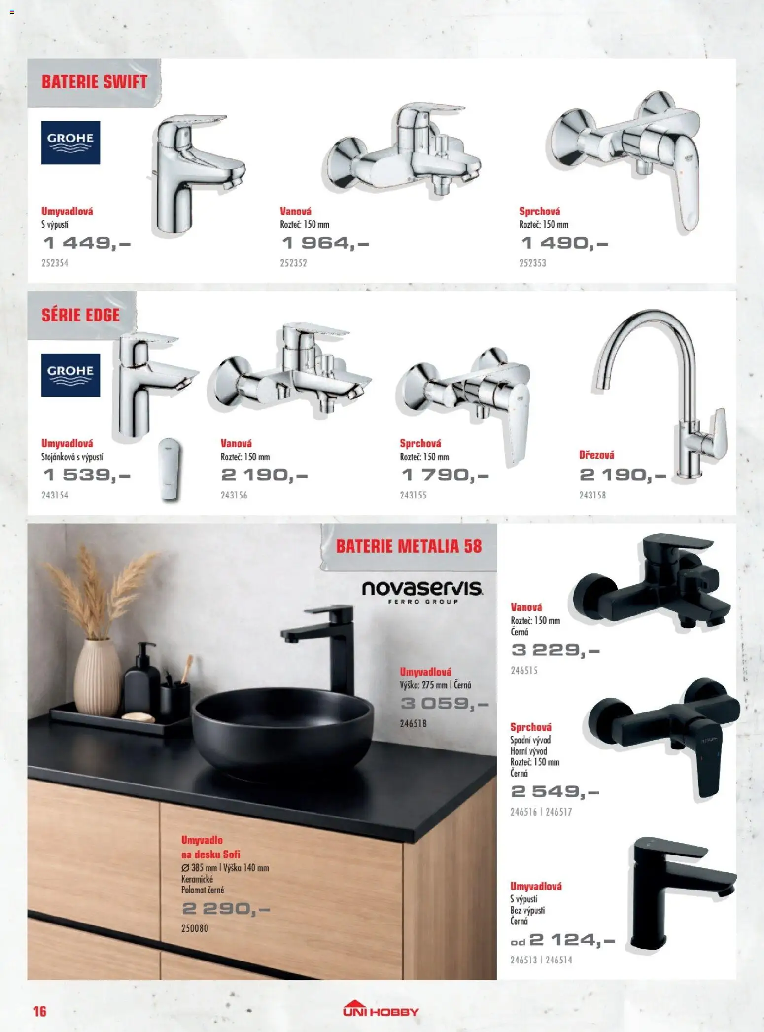 Uni Hobby katalog - Dlažby, obklady a sanita 2026 od 20.02.2026 | Strana: 16 | Produkty: Umyvadlo, Baterie