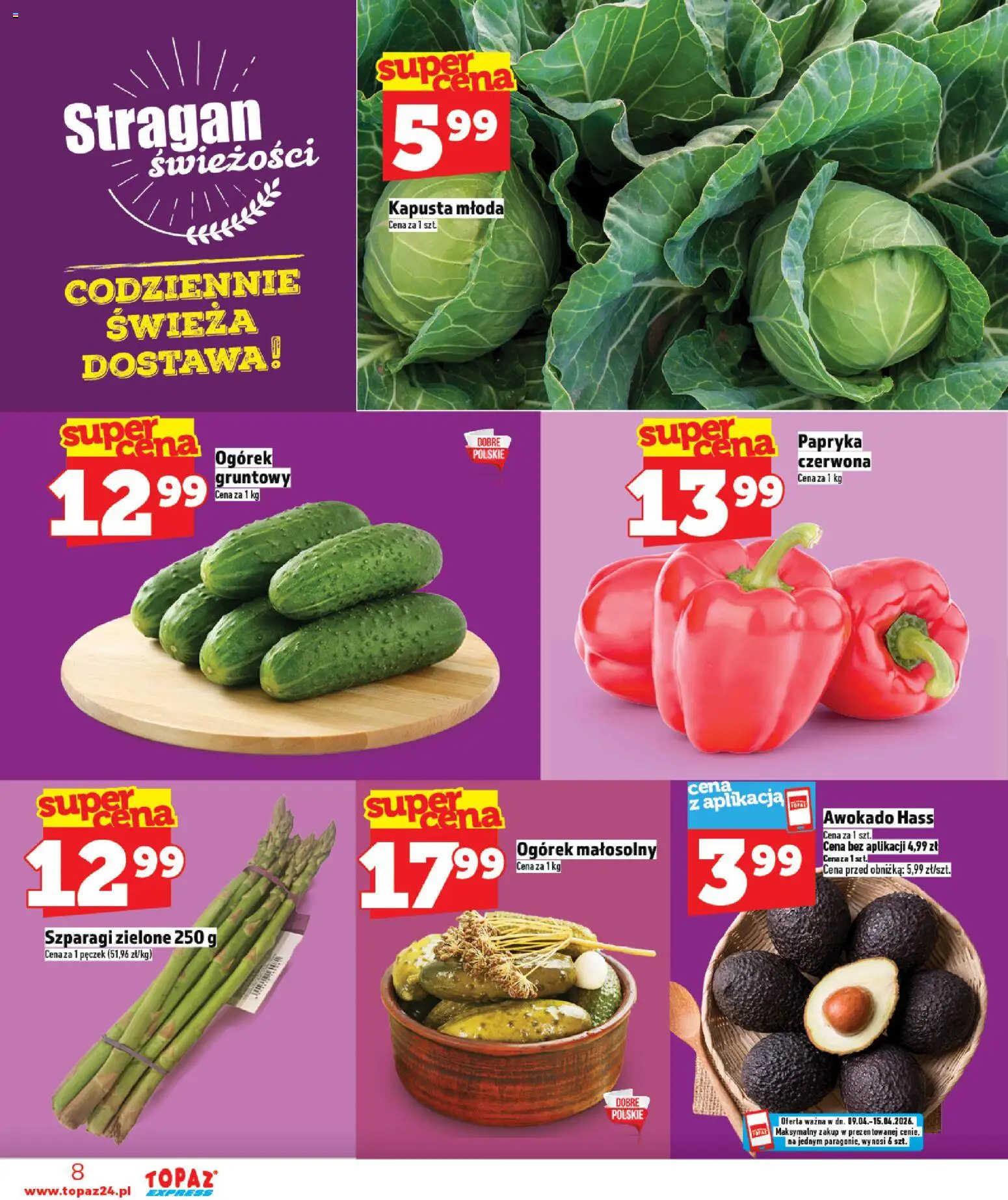 Topaz gazetka - Express od 09.04.2026 | Strona: 8 | Produkty: Kapusta, Papryka, Szparagi, Awokado