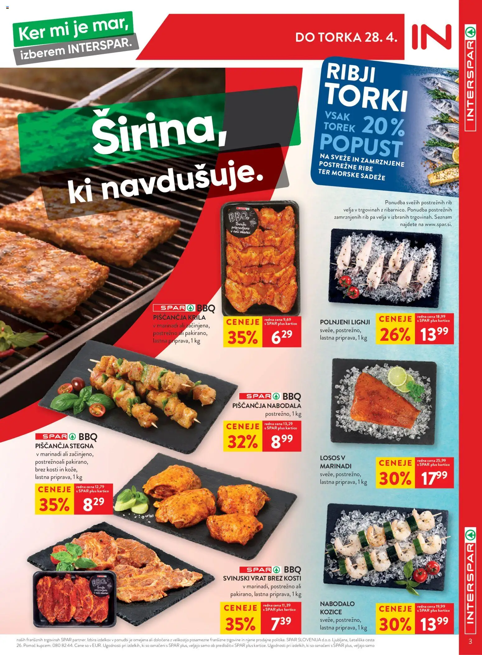 Novi Spar katalog ponudbe – veljaven od 22.04.2026 | Stran: 3 | Izdelki: Lignji, Kozice, Piščančja krila, Ribe