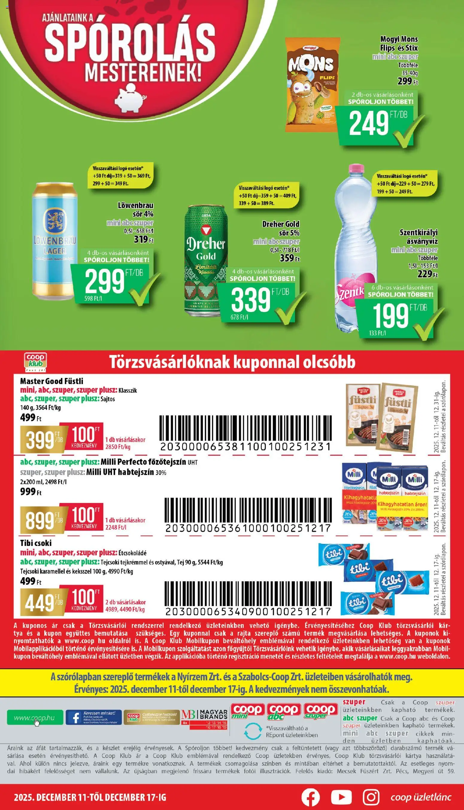 COOP akciós ujság - amely érvényes a következő dátumtól: 11.12.2025 | Oldal: 8 | Termékek: Habtejszín, Főzőtejszín, Étcsokoládé, Tej