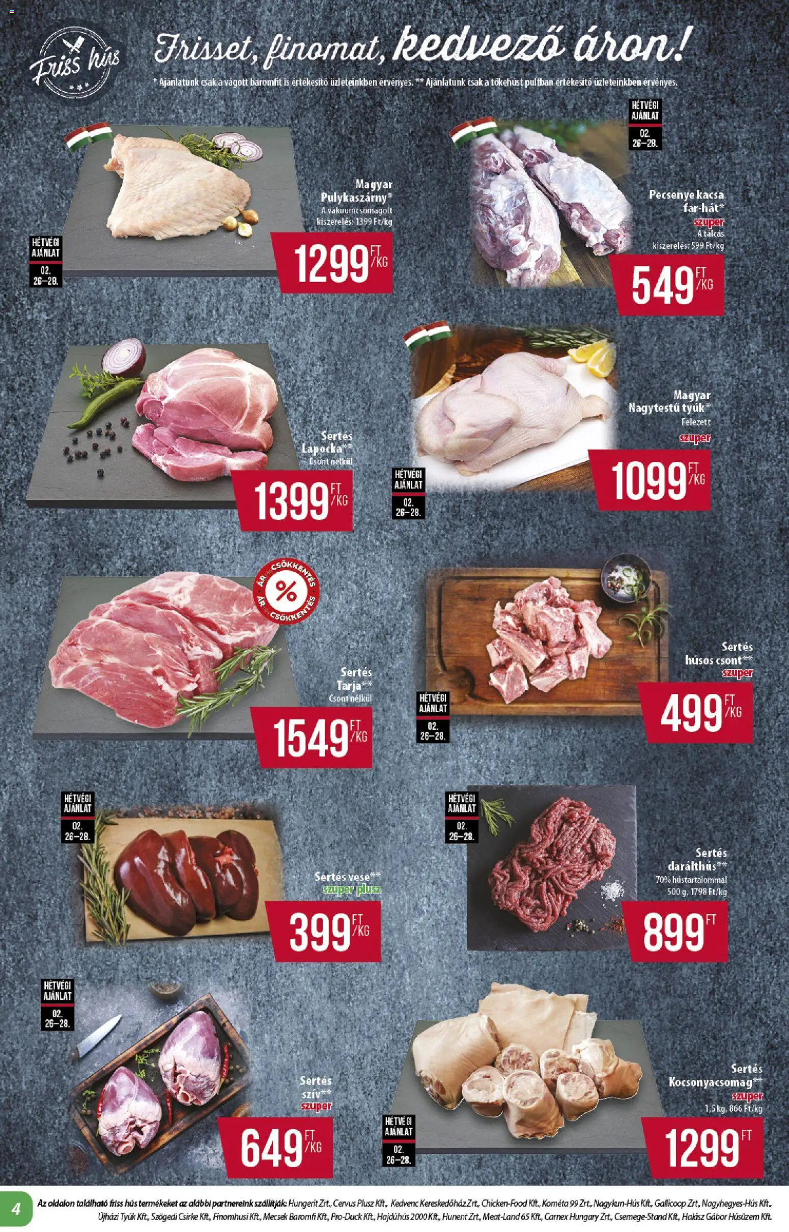 COOP akciós ujság - amely érvényes a következő dátumtól: 26.02.2026 | Oldal: 4 | Termékek: Pulykaszárny, Hús, Tarja, Kacsa