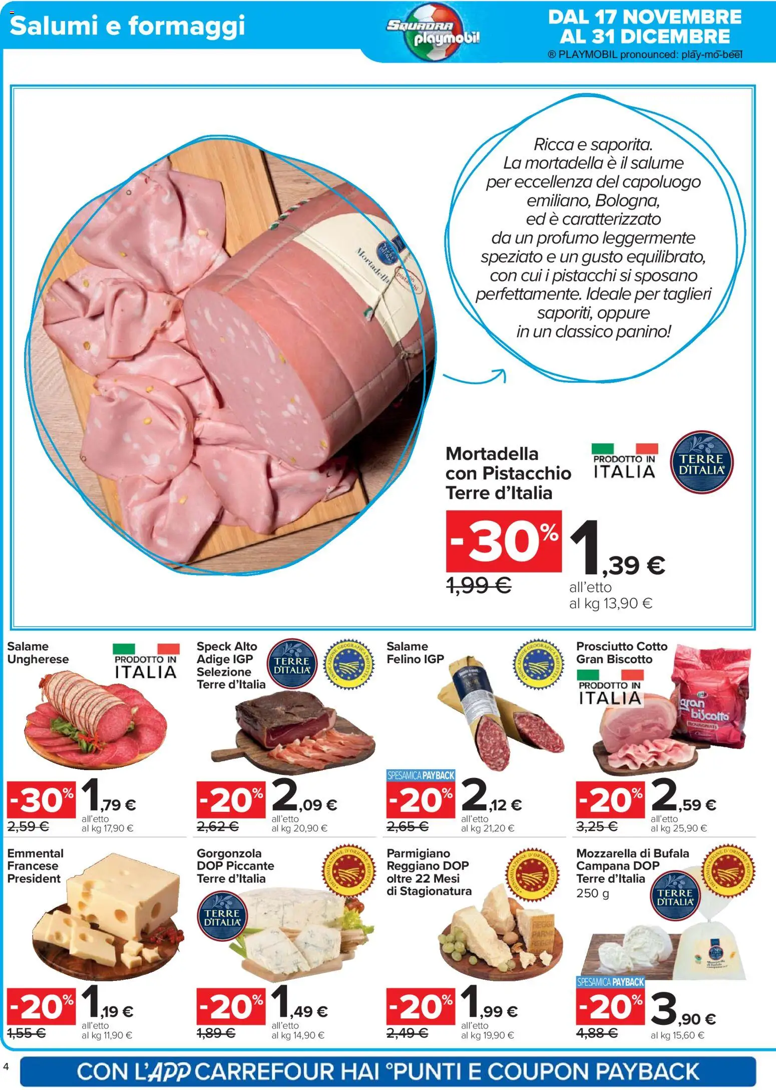 Volantino Carrefour del 02.12.2025 | Pagina: 4 | Prodotti: Prosciutto Cotto, Mortadella, Pistacchi, Parmigiano