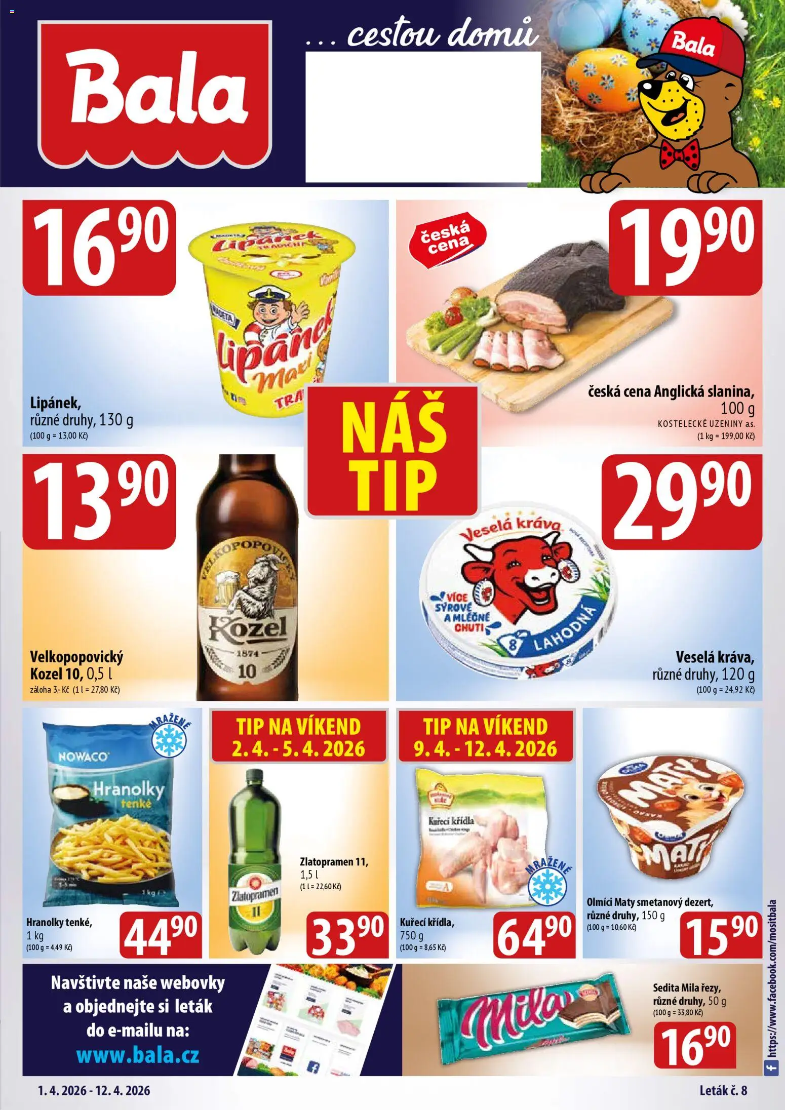 BALA velký leták od 01.04.2026 | Strana: 1 | Produkty: Hranolky, Kozel, Kuřecí Křídla, Mila
