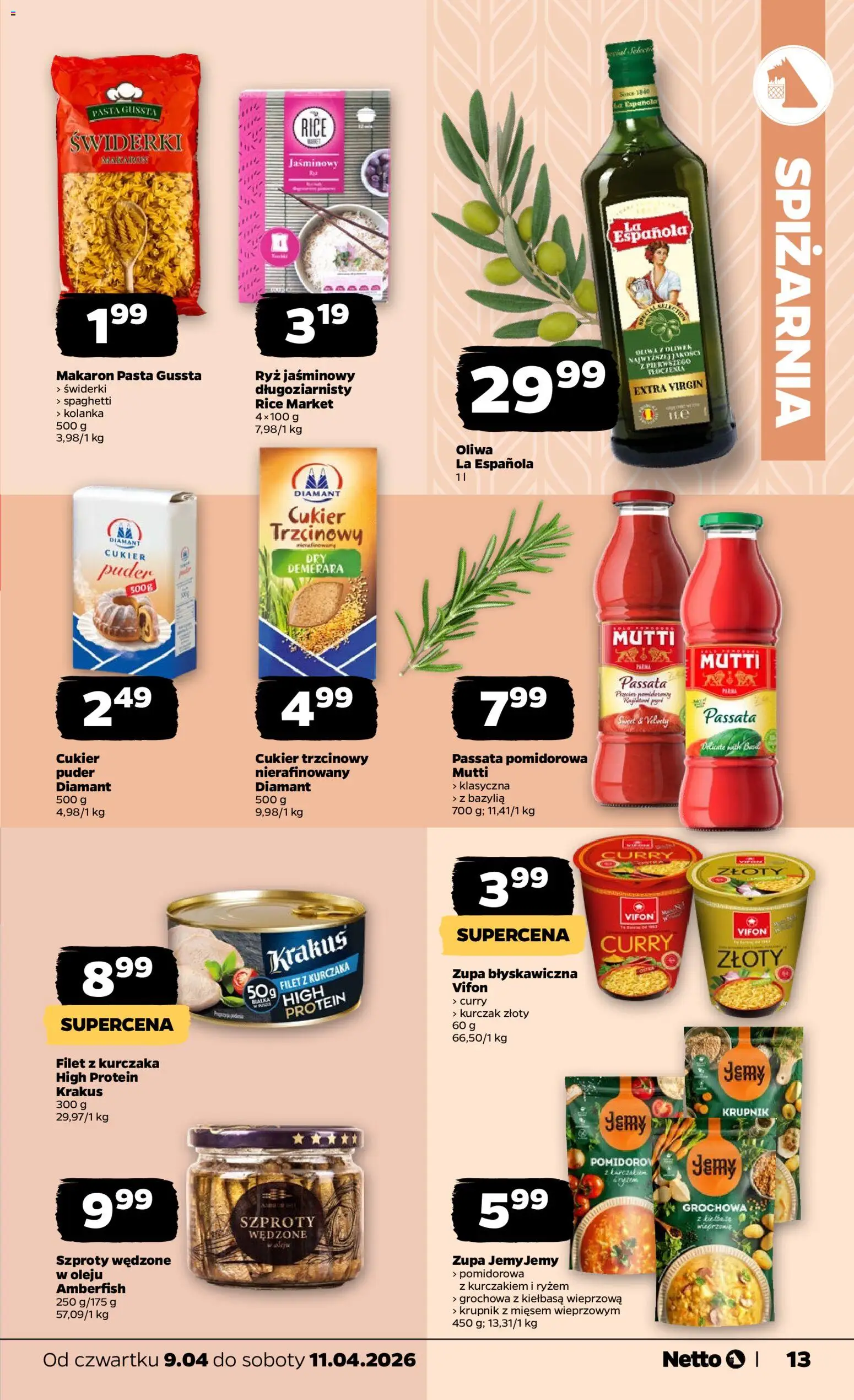 Netto gazetka od czwartku spożywcza od 09.04.2026 | Strona: 13 | Produkty: Bazylia, Ryż, Makaron, Cukier