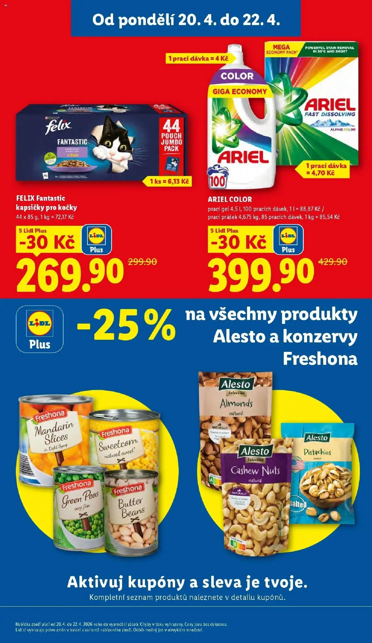Lidl aktuální leták od 20.04.2026 | Strana: 3 | Produkty: Prací gel, Felix fantastic, Kapsičky pro kočky, Ariel