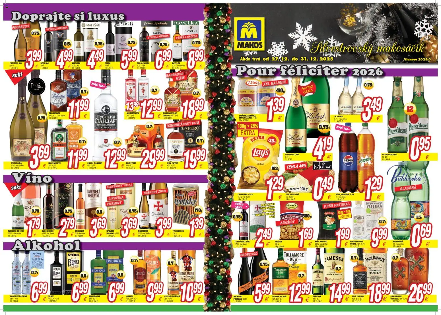 Nové Makos akcie – leták je platný od 27.12.2025 | Strana: 1 | Produkty: Víno, Captain Morgan, Pepsi, Baldovská