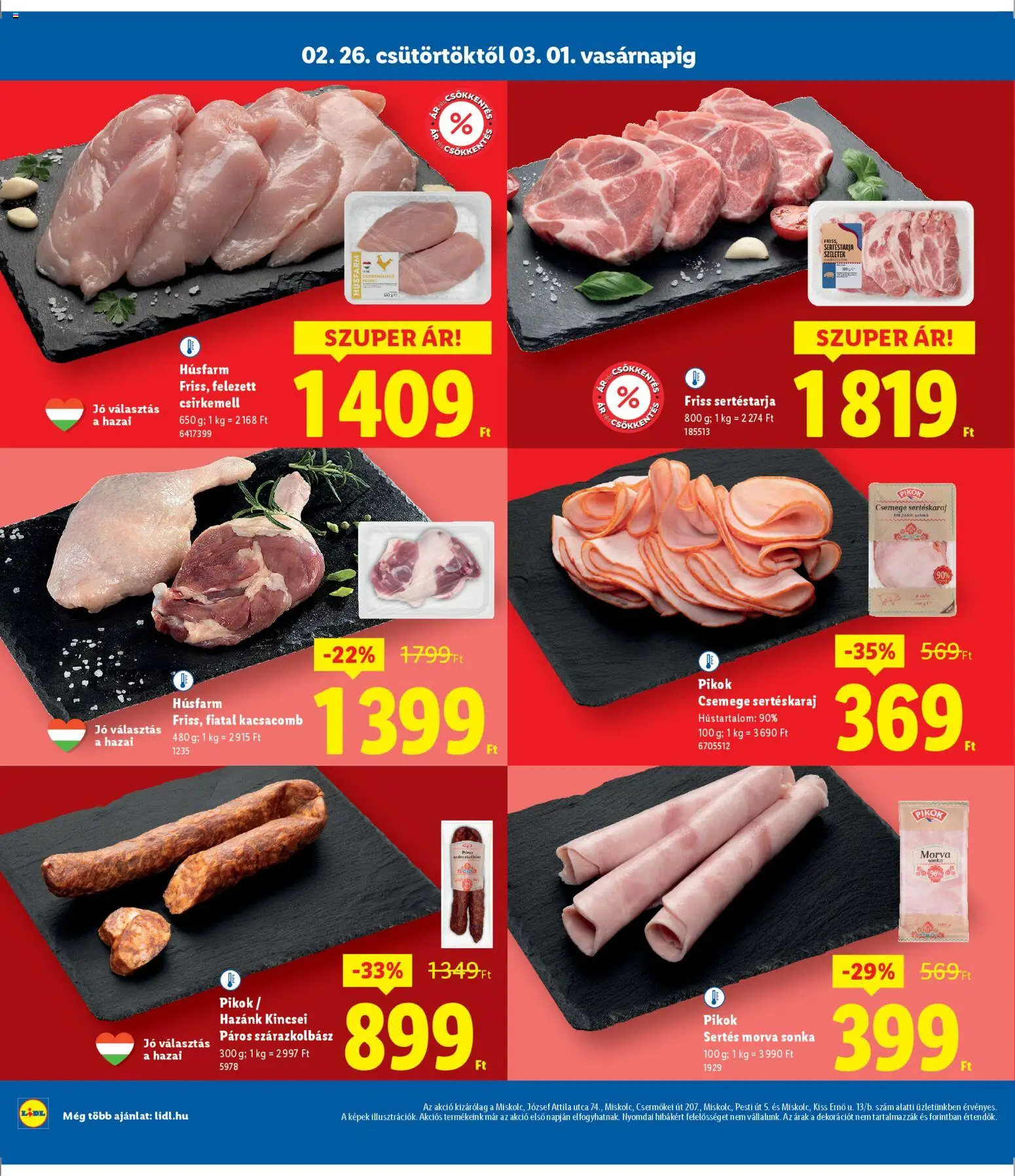 Lidl akciós ujság - amely érvényes a következő dátumtól: 26.02.2026 | Oldal: 4 | Termékek: Kacsacomb, Sertéstarja, Sertéskaraj, Csirkemell