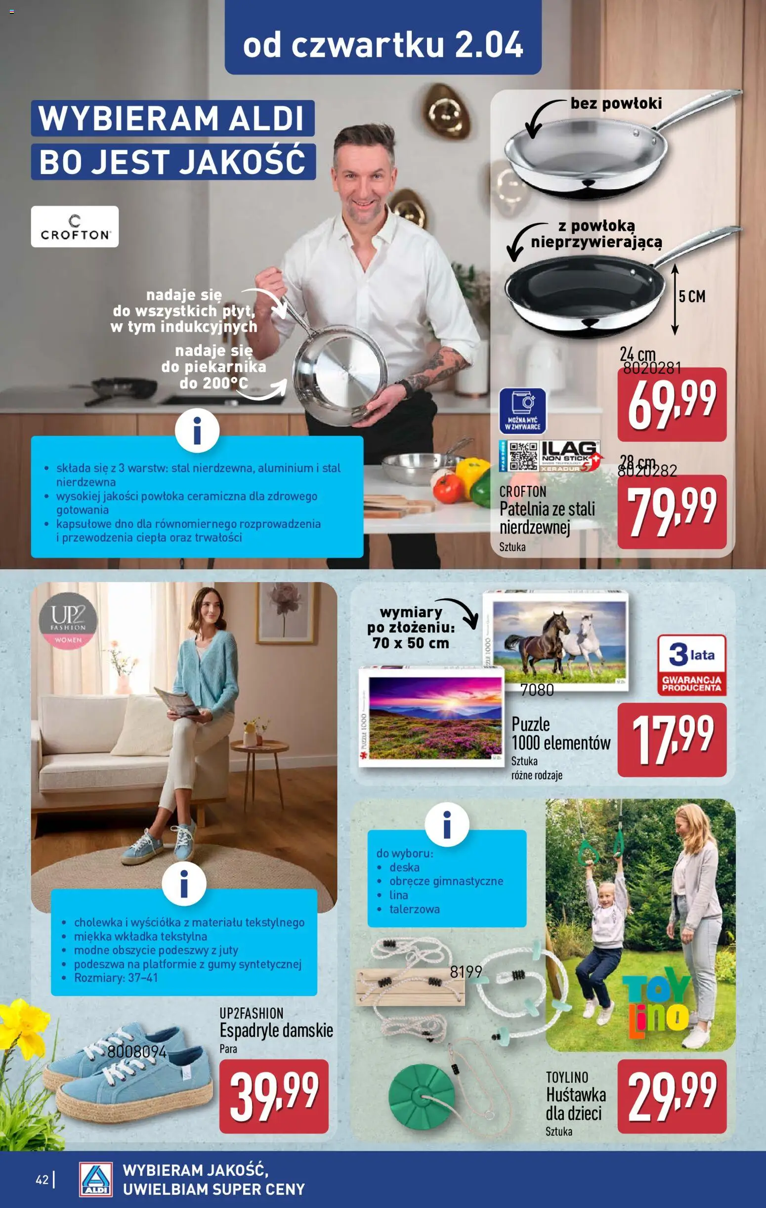Aldi gazetka od 30.03.2026 | Strona: 42 | Produkty: Espadryle, Gumy, Patelnia
