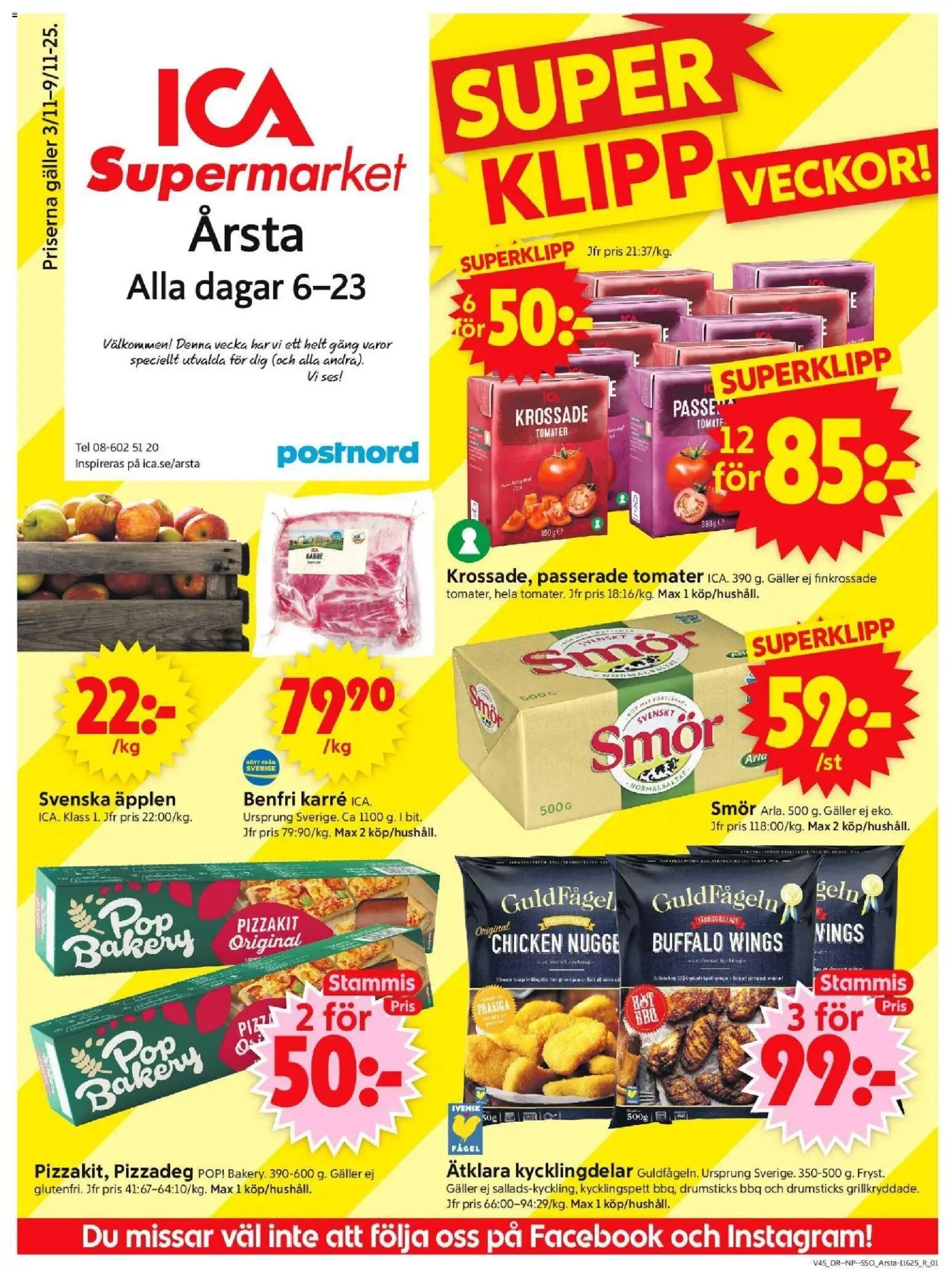 ICA Supermarket reklamblad aktuell från 03.11.2025 | Sida: 1 | Produkter: Galler, Smör, Äpplen, Pizzakit