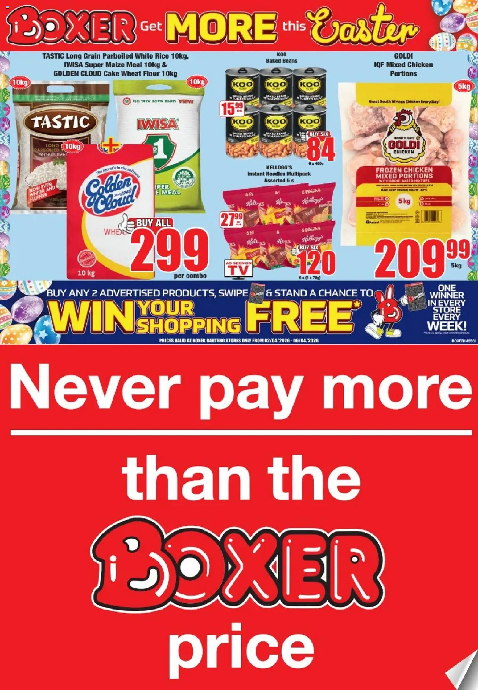 New Boxer catalogue – valid from 02.04.2026 | Page: 1 | Products: Beans, Maize meal, Chicken, Tomato sauce