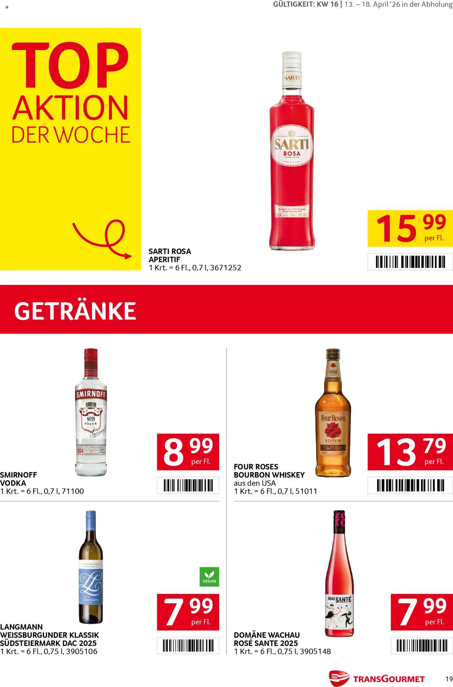 Transgourmet Flugblatt gültig ab 13.04.2026 | Seite: 19 | Produkte: Whiskey, Bourbon