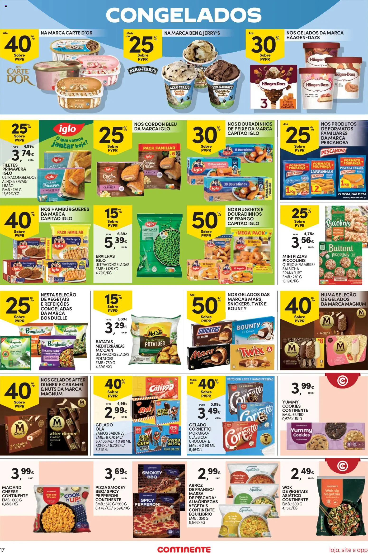 Continente Semanal Continente Bom Dia │ válido de 14.04.2026 | Página: 17 | Produtos: Pescada, Capitão iglo, Gelado, Queijo