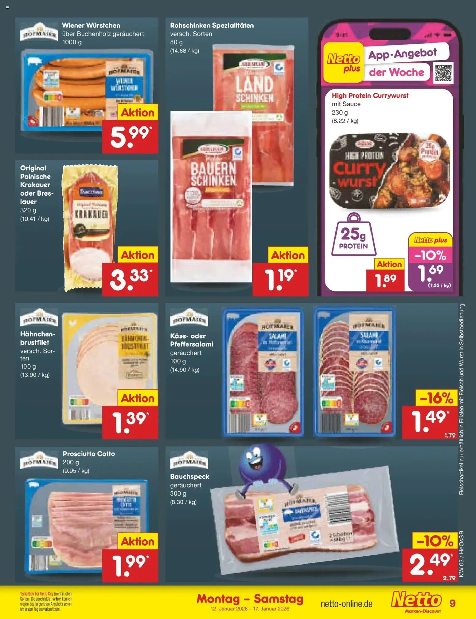 Netto Marken-Discount prospekt Kröpelin	 – gültig ab 12.01.2026 | Seite: 9 | Produkte: Wiener wurstchen, Salami, Schinken, Fleisch