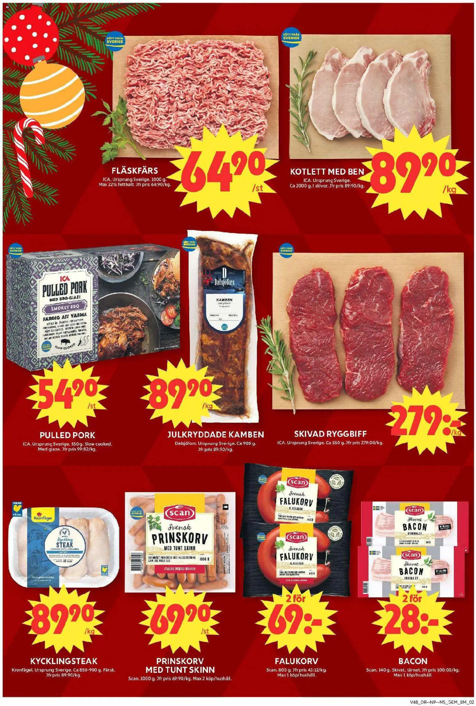 ICA Maxi reklamblad aktuell från 24.11.2025 | Sida: 2 | Produkter: Prinskorv, Bacon, Falukorv