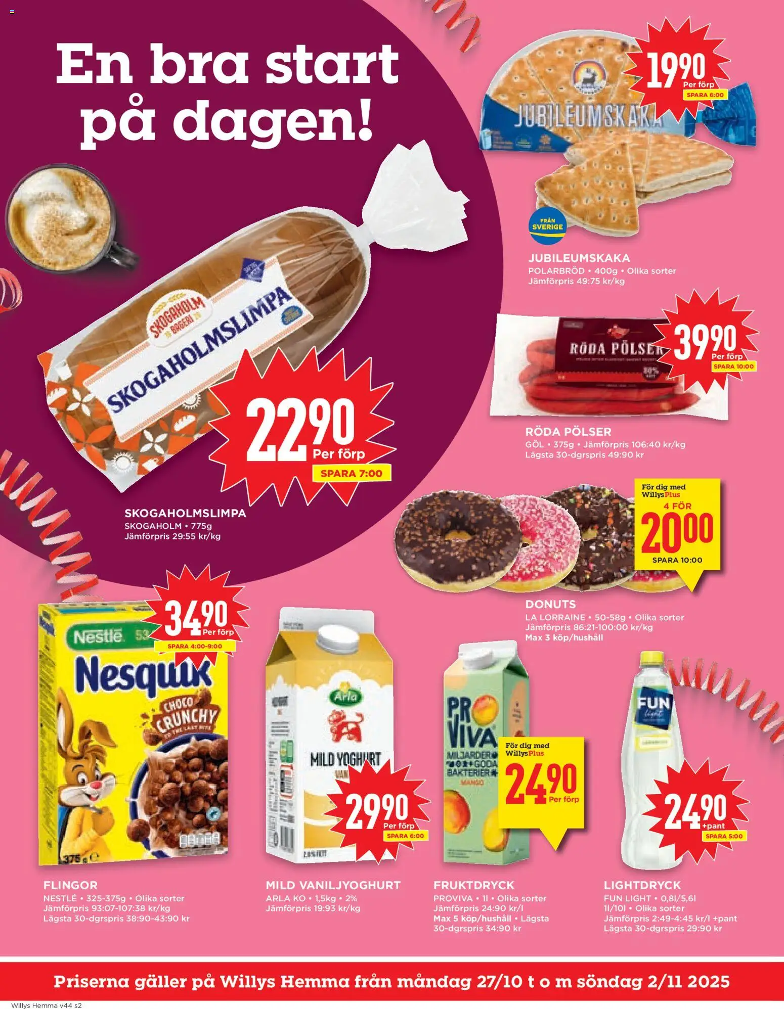 Willys reklamblad aktuell från 27.10.2025 | Sida: 2 | Produkter: Bageri, Galler, Yoghurt, Flingor