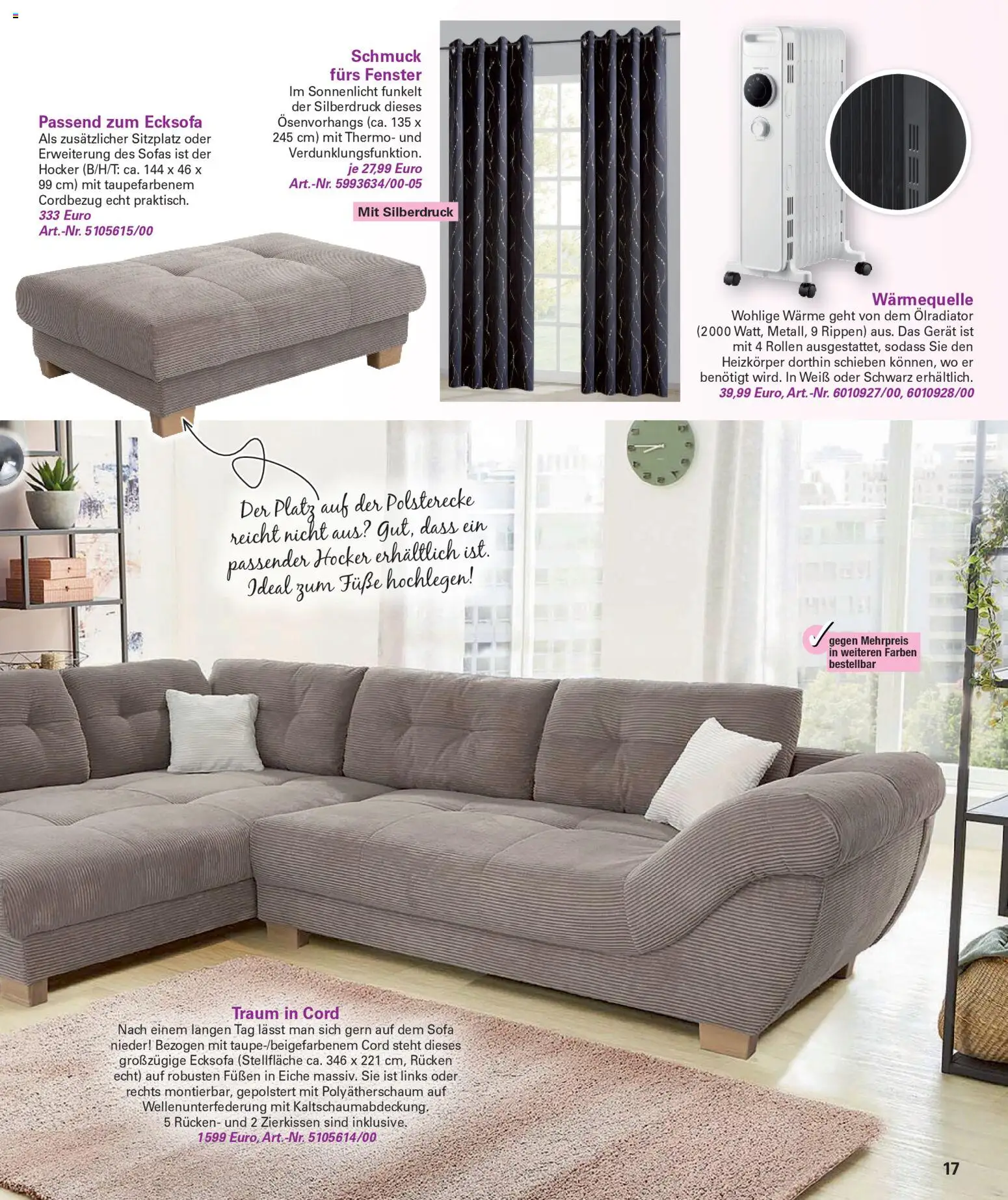 Poco Wohnwelt Winter 2025 – gültig ab 01.12.2025 | Seite: 17 | Produkte: Hocker, Ecksofa, Sofa, Heizkörper