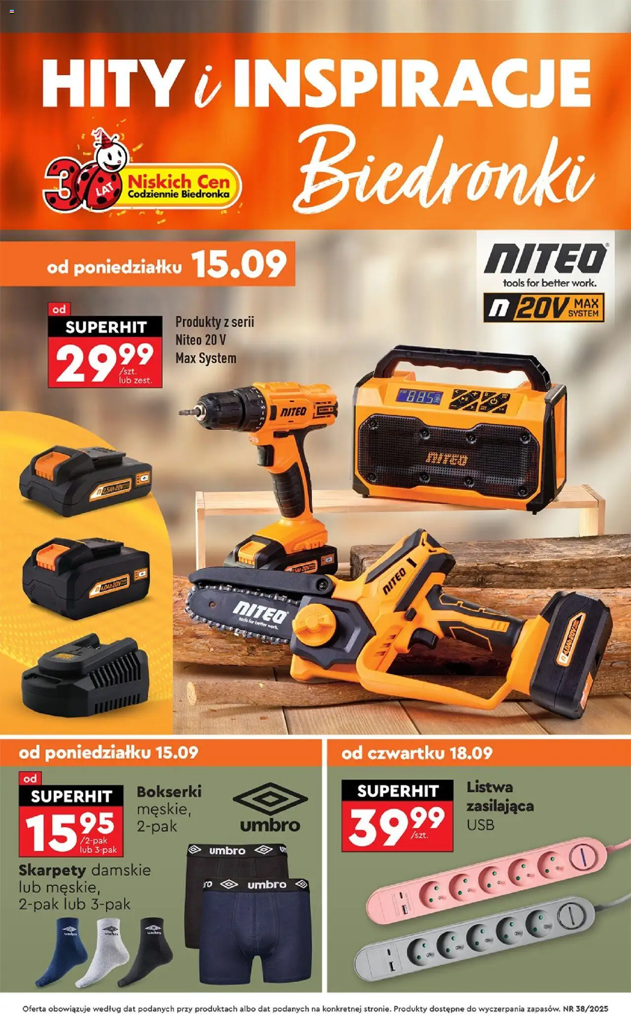 Biedronka gazetka - Hity i inspiracje od 15.09.2025 | Strona: 1 | Produkty: Skarpety, Bokserki, Skarpety damskie, USB