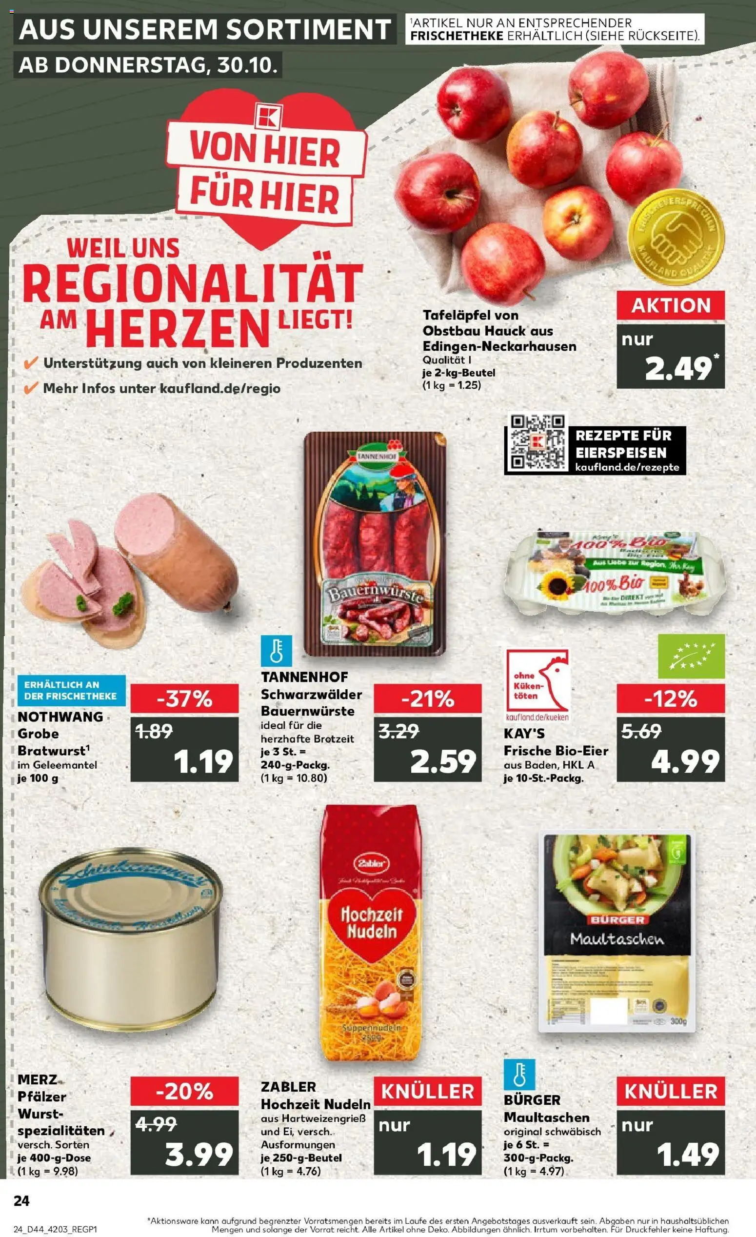 Kaufland prospekt Edingen-Neckarhausen	 – gültig ab 30.10.2025 | Seite: 24 | Produkte: Bratwurst, Burger, Nudeln, Maultaschen