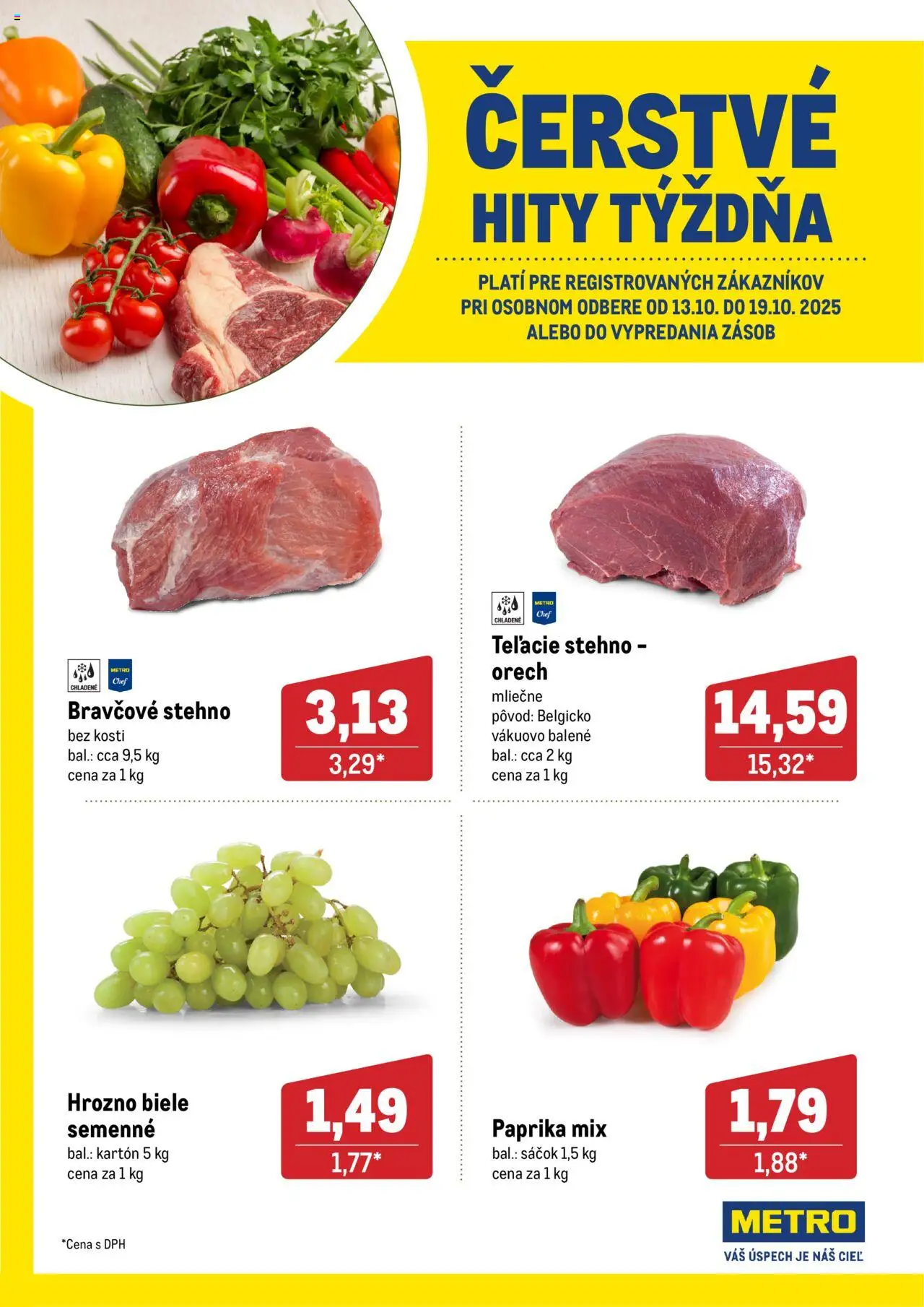 Nové Metro akcie – leták je platný od 13.10.2025 | Strana: 1 | Produkty: Paprika, Bravčové stehno, Hrozno