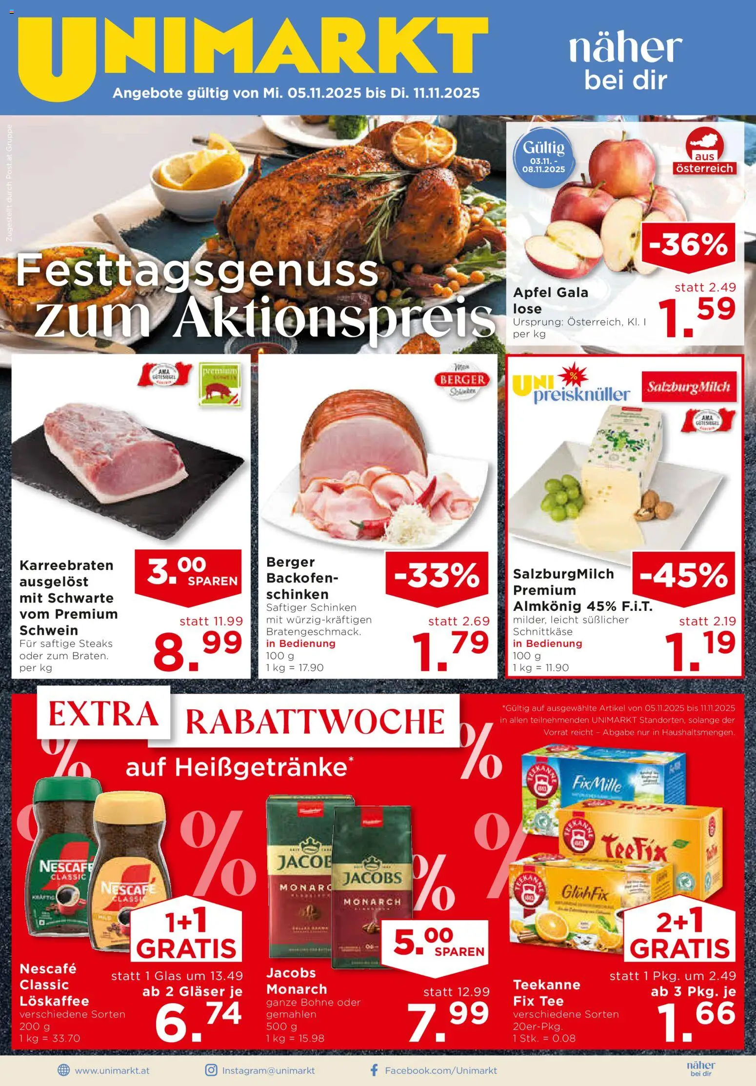 Unimarkt Flugblatt gültig ab 05.11.2025 | Seite: 3 | Produkte: Schinken, Äpfel, Tee