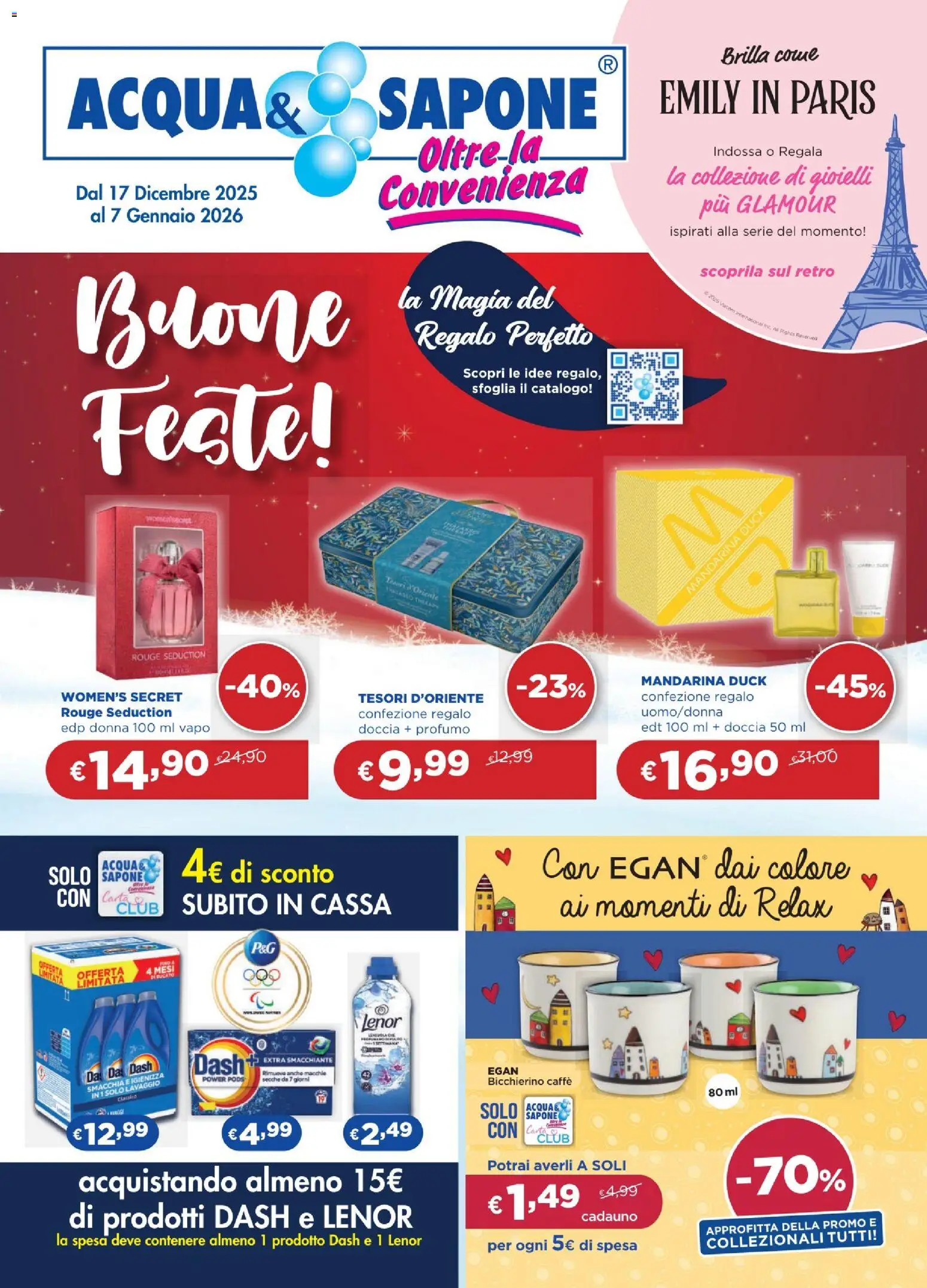 Volantino Acqua e Sapone del 17.12.2025 | Pagina: 1 | Prodotti: Sapone, Caffè, Doccia, Profumo